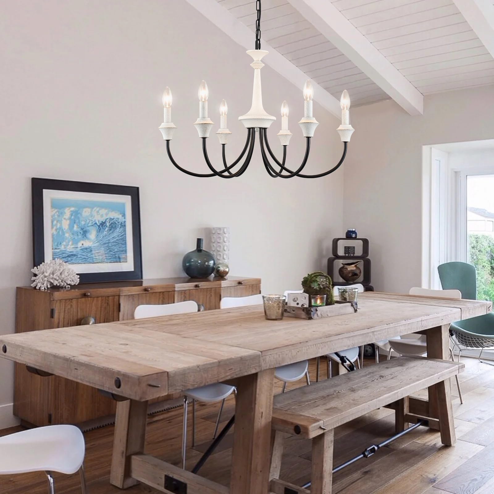 Distressed White & Black 6-Light French Country Farmhouse Chandelier - Rustic Dining Room Lighting Fixture, Industrial Candle Pendant Light for Kitchen, Living Room, Bedroom | Perfect for Farmhouse Decor, Wedding Centerpiece & Cozy Home Ambiance