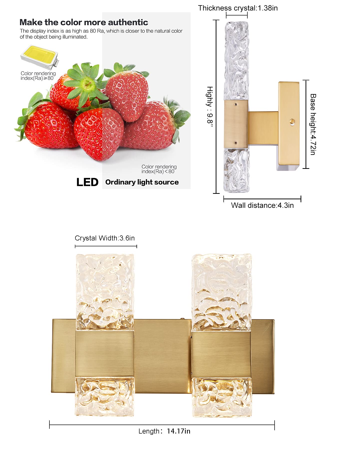 Modern LED Vanity Lights - Brushed Gold Crystal Bathroom Lighting for Mirror, 20W 3000K - Perfect for Bathroom Makeup & Grooming