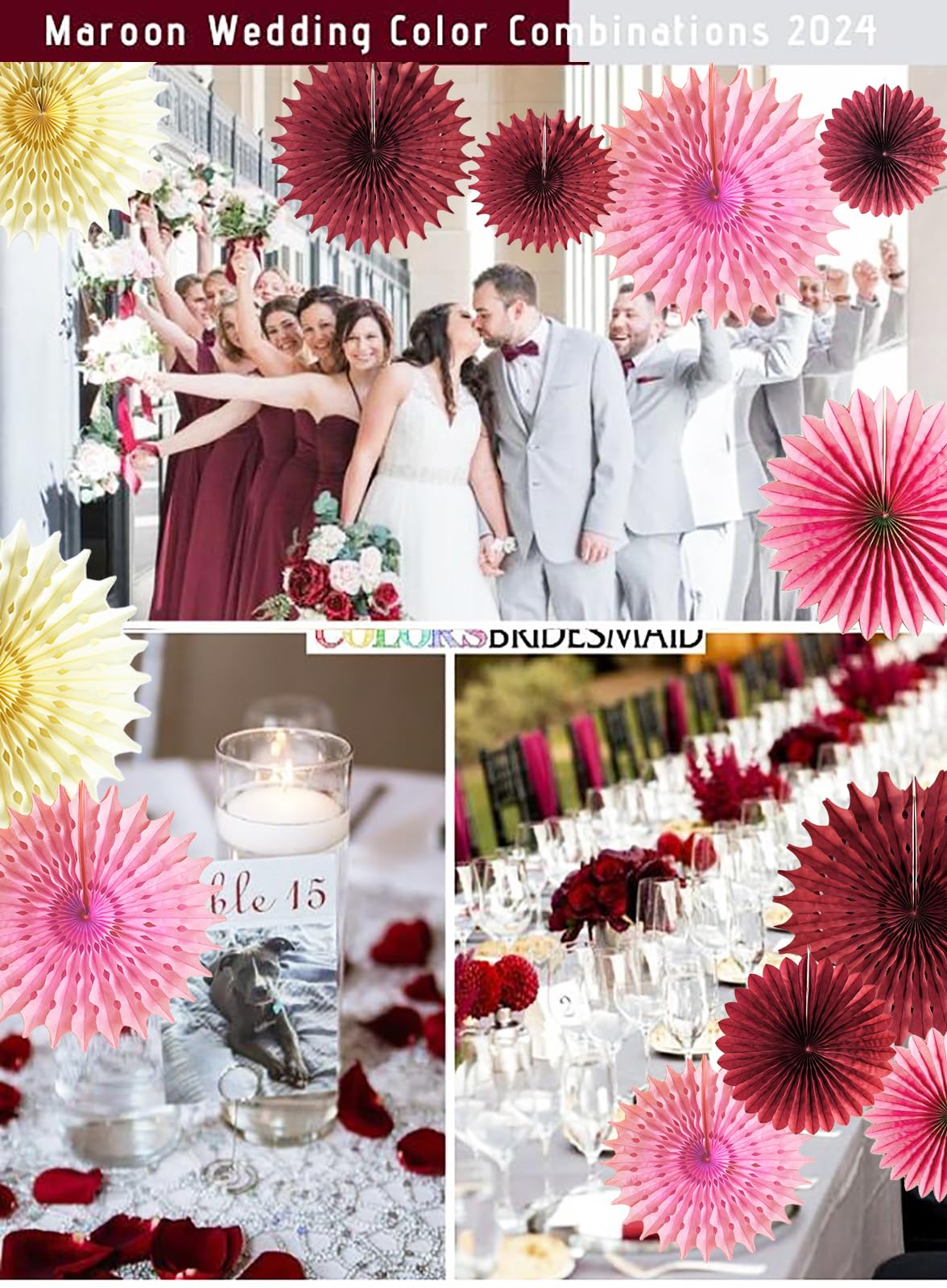 7pcs Burgundy Cream Pink Pinwheels Tissue Paper Fans - Elegant Party Decorations for Birthday, Bridal Shower, Valentine's Day & Fall Bachelorette Party | Perfect for Wedding, Baby Shower & Home Decor