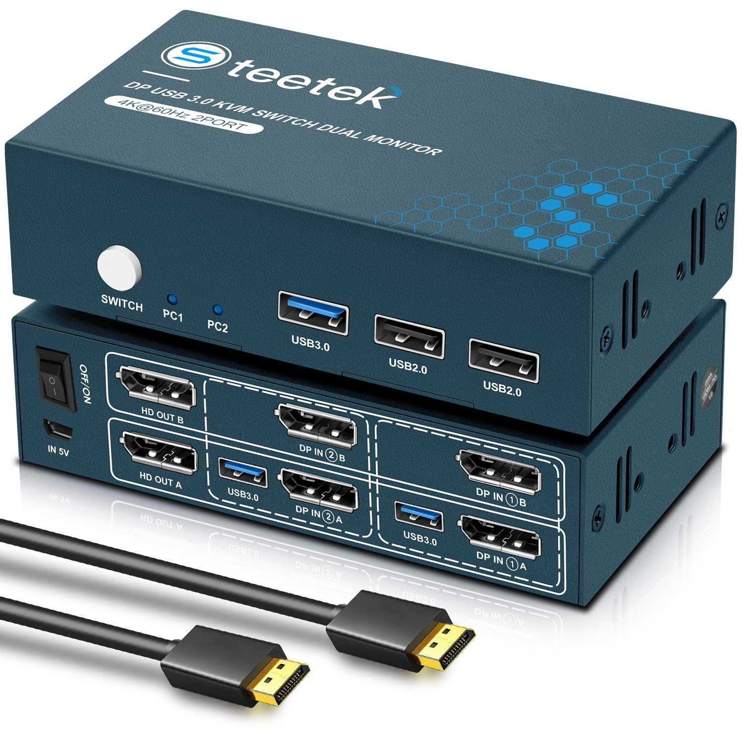 Dual Monitor DisplayPort KVM Switch 4K@60Hz - 2 Port DP KVM Switch for 2 Computers with USB 3.0 Hub | Button Control | Includes 4 DisplayPort & 2 USB 3.0 Cables | Perfect for Home Office, Gaming Setup & Multi-PC Workstations
