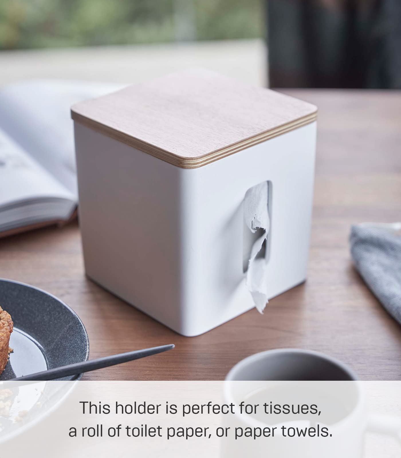 Yamazaki Home Rin Tissue Paper Holder with Removable Wooden Lid - Rectangular Storage Box for Toilet Paper, Paper Towels & Tissues - Polystone Material - Perfect for Kitchen, Bathroom & Bedroom Organization