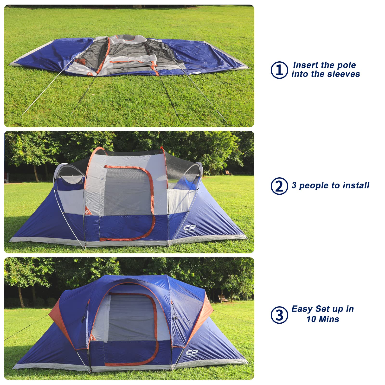 CAMPROS CP 9-Person Camping Tent - 2 Room Family Tent with Waterproof Rainfly, 4 Large Mesh Windows, Double Layer Design for All-Weather Protection - Easy Setup & Portable with Carry Bag - Perfect for Family Camping, Backpacking & Outdoor Adventures