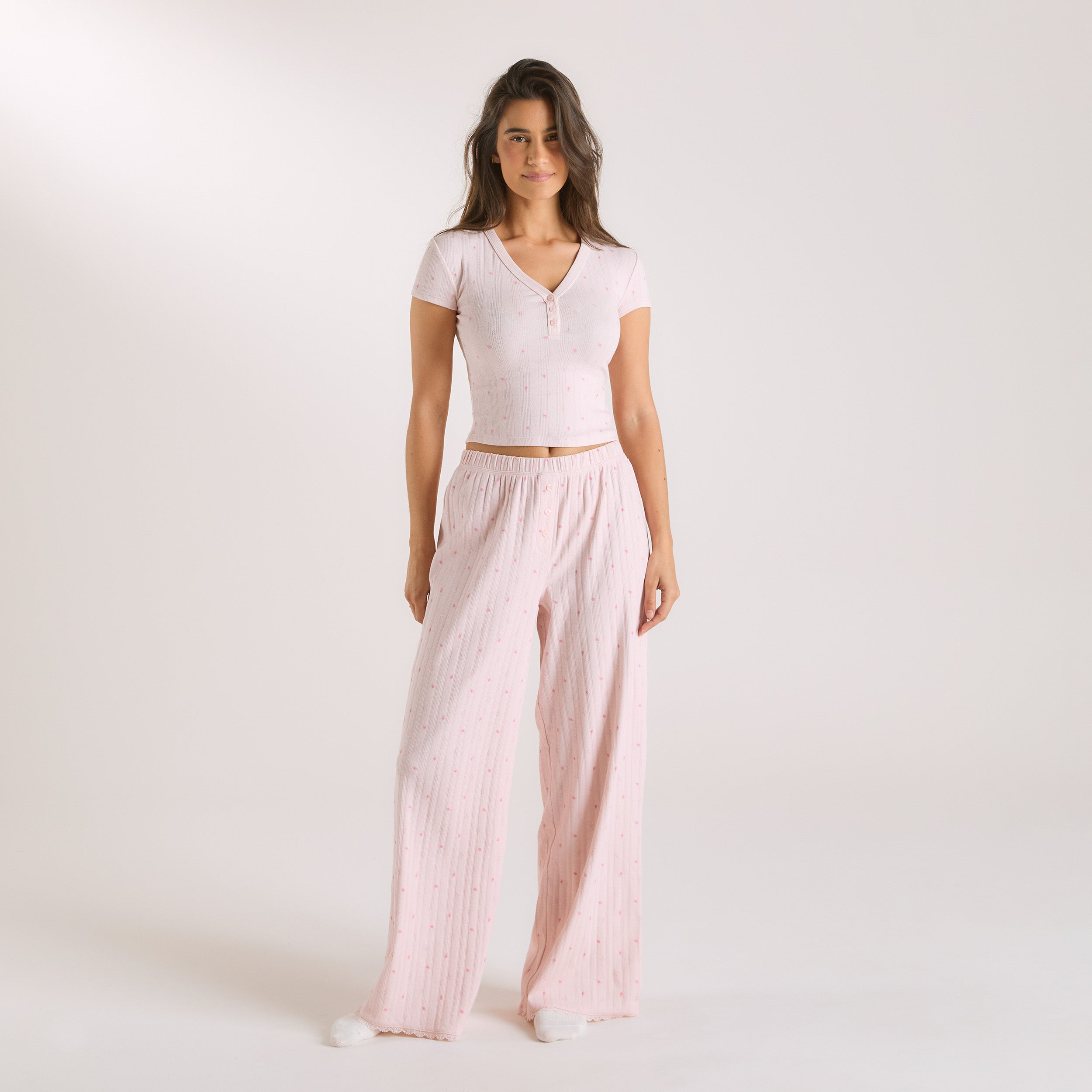 Women's Pink Floral Pointelle Pajama Pants - Soft & Breathable Sleepwear for Cozy Nights & Relaxing at Home