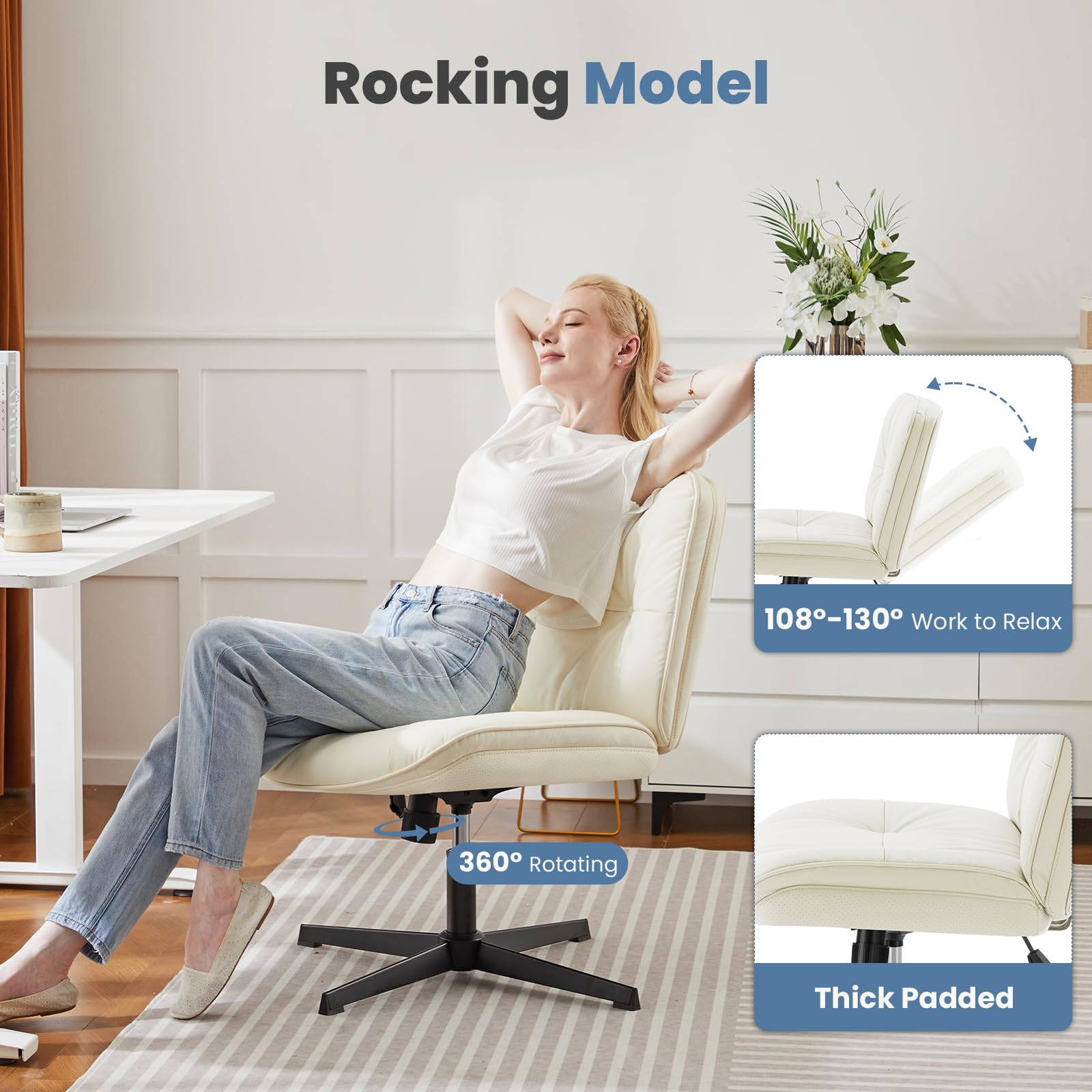 DUMOS Criss Cross Chair - Armless Office Chair with Adjustable Height, No Wheels, Comfortable Task Seating for Home & Office - Perfect for Computer Work, Vanity Desk, and Workspace Ergonomics