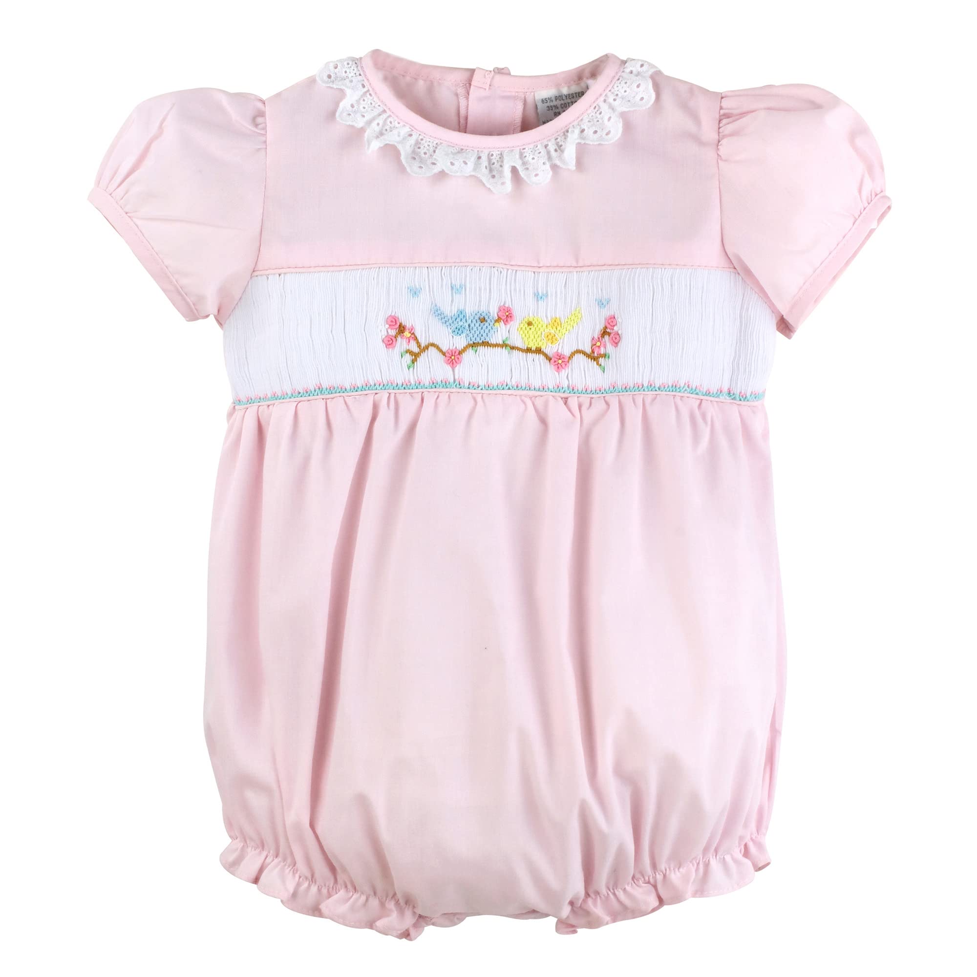 Baby Girl Embroidered Bubble Dress - Pink Spring Birds for 9M, Perfect for Spring Outings