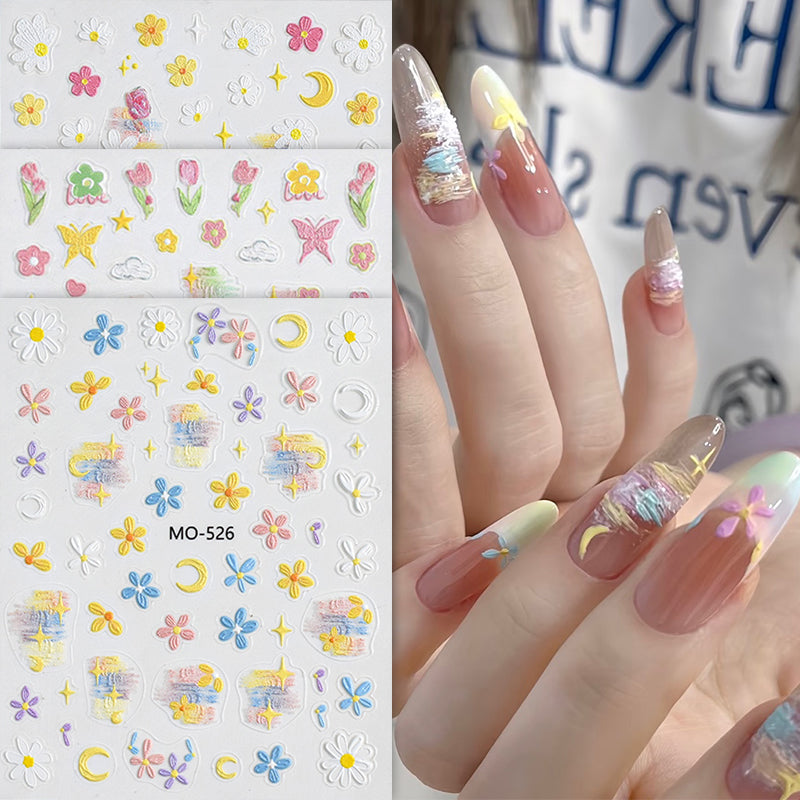 3D Daisy Tulip Flower Nail Stickers - MO 524/525/526 - Waterproof Nail Art Decals for Women & Girls - Perfect for Spring Nails, Bridal Parties & DIY Manicures