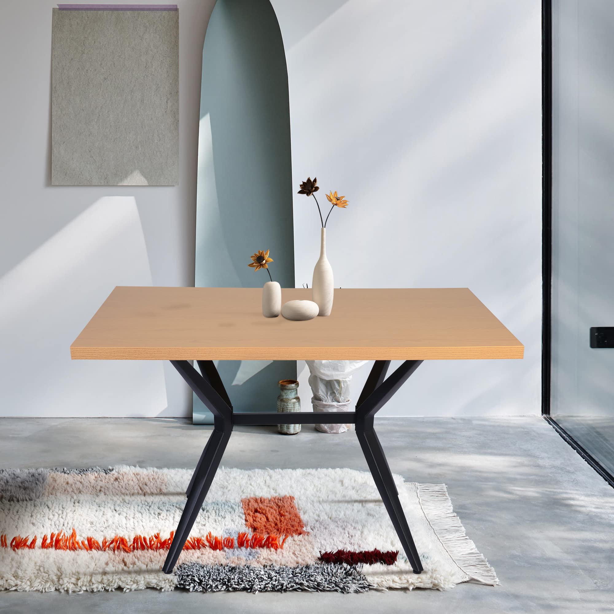 Modern Cross Metal Leg Wooden Dining Table - 48