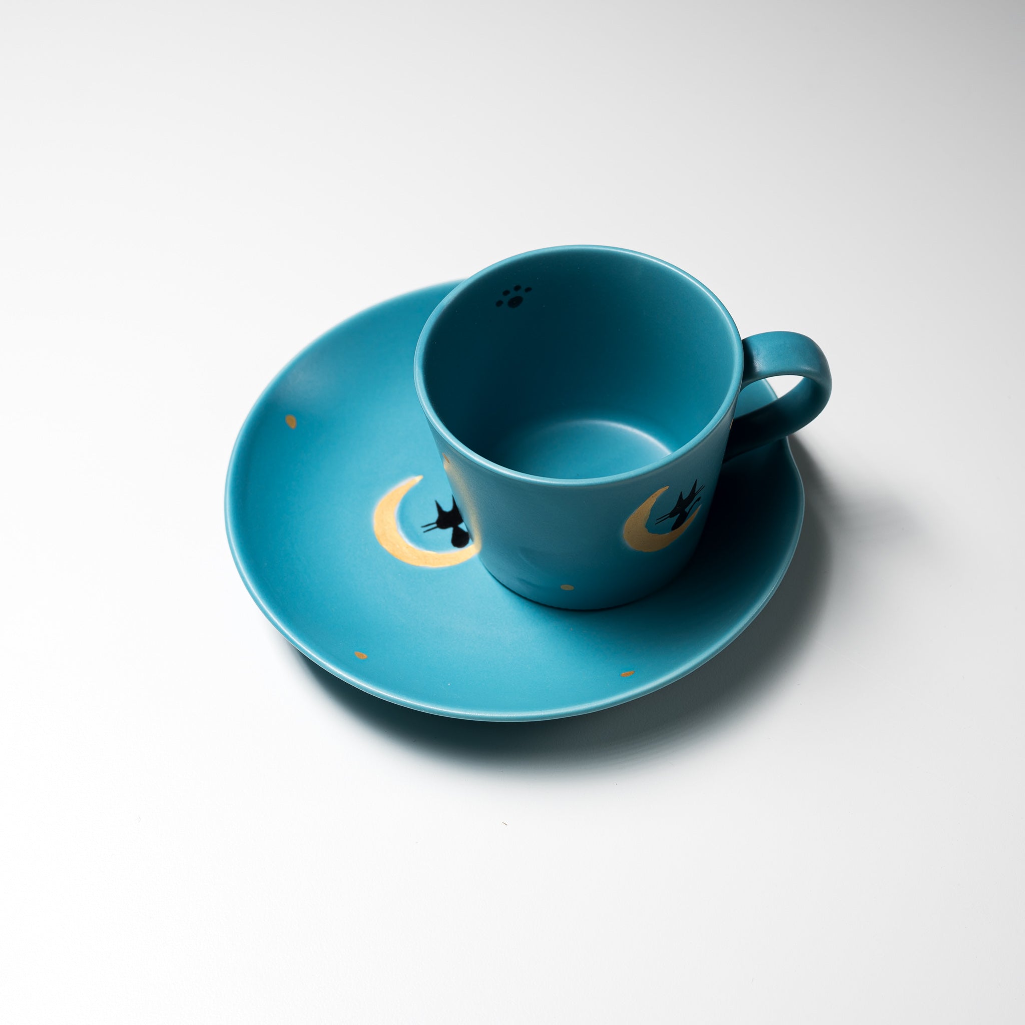 Moon and Cat Themed Cup and Saucer Set - 3 Colors (Crescent Moon Kitty Design) - Perfect for Tea Time, Coffee Breaks, and Gift Giving