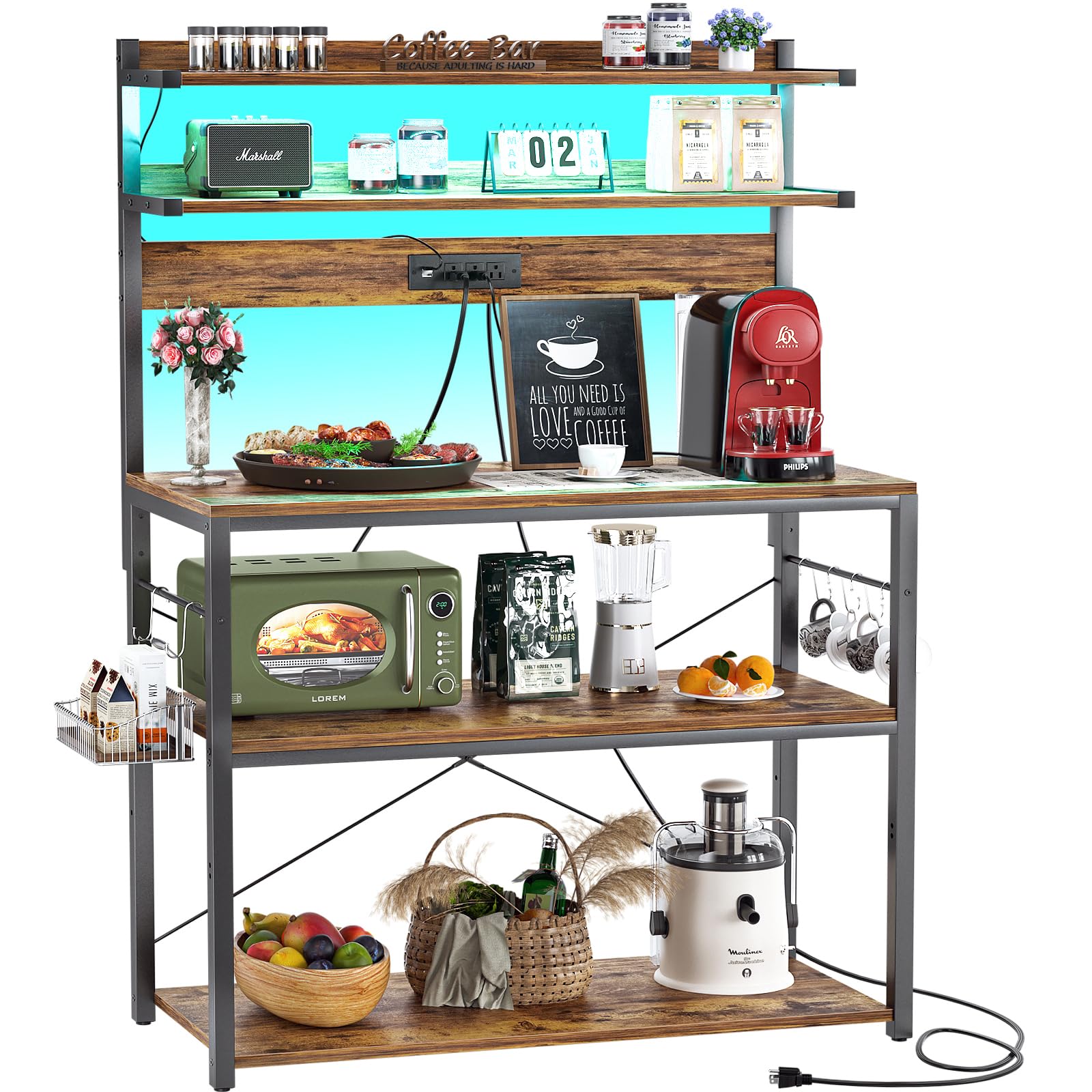Aheaplus 5-Tier Bakers Rack with Power Outlet & LED Lights - Microwave Stand, Coffee Bar Station, Kitchen Storage Shelf with 6 S-Hooks - Rustic Brown - Perfect for Small Kitchens, Coffee Bars & Pantry Organization