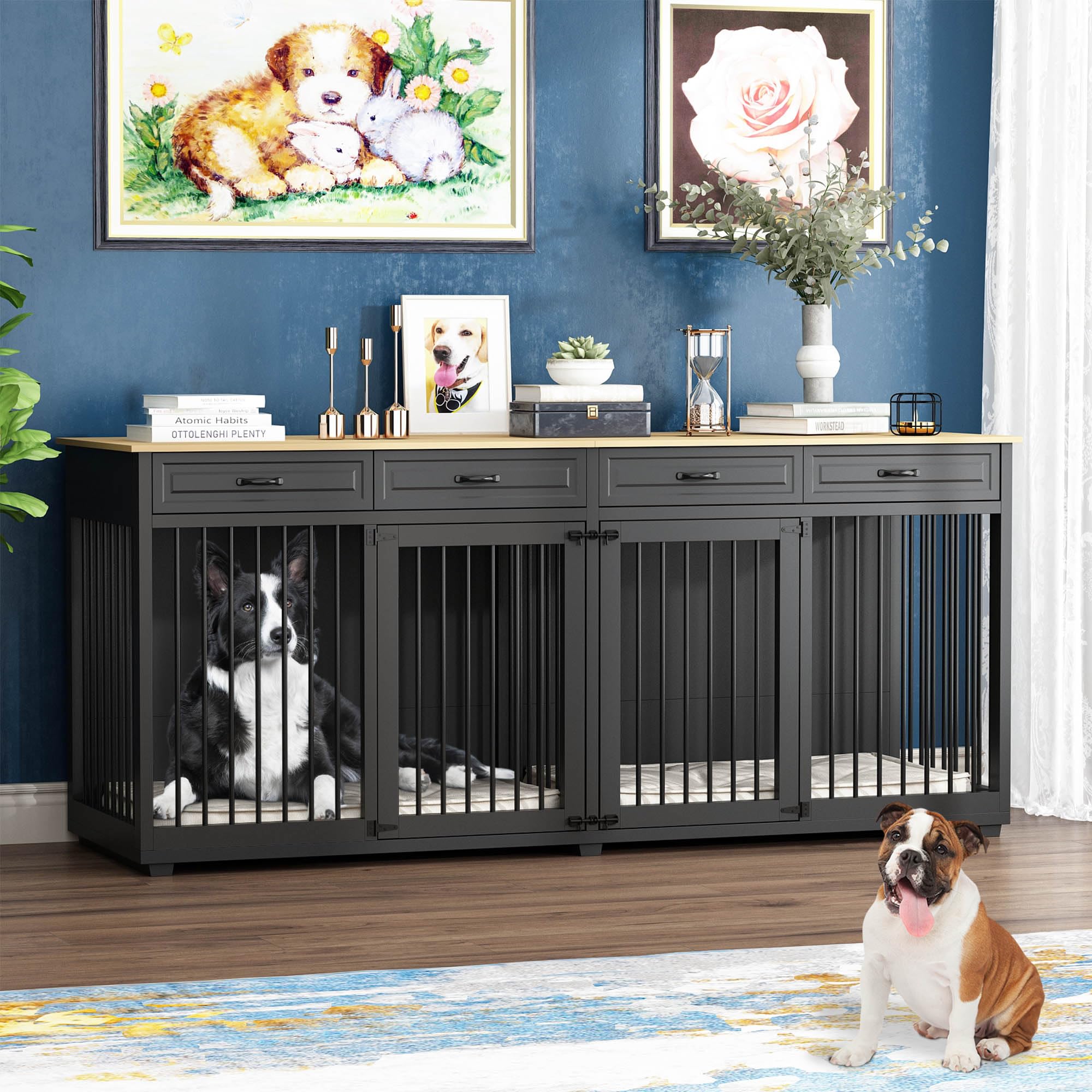 86.6 Inch Large Dog Crate Furniture - Heavy Duty Wooden Dog Kennel with Drawers & Divider, Indoor Dog House with Double Rooms for Large Medium Small Dogs - Perfect for Living Room, Bedroom or Home Office (Black)