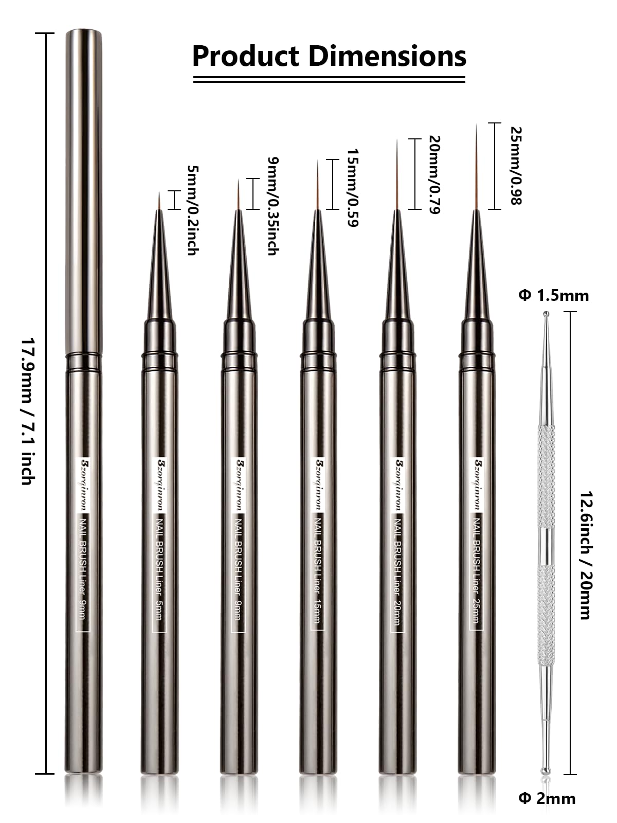 Fine Line Nail Art Brushes Set - 5/9/15/20/25mm Thin Detail Liner Brushes for Gel Polish & Acrylic Nails - Professional Nail Drawing Brush Kit for Salon, DIY Manicure & Nail Art Designs