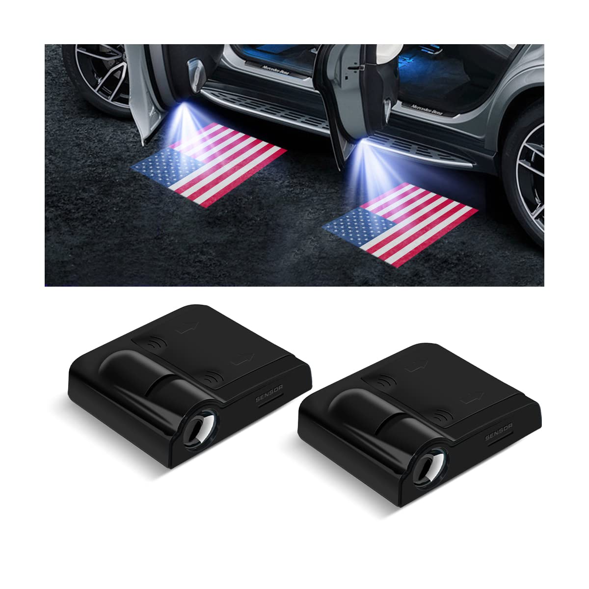2Pcs Wireless LED Car Door Lights Logo Projector - Naruto Sharingan Ghost Shadow Welcome Lamp with Magnet Sensor, No-Drill Installation, Red American Flag Design for Car Enthusiasts & Anime Fans