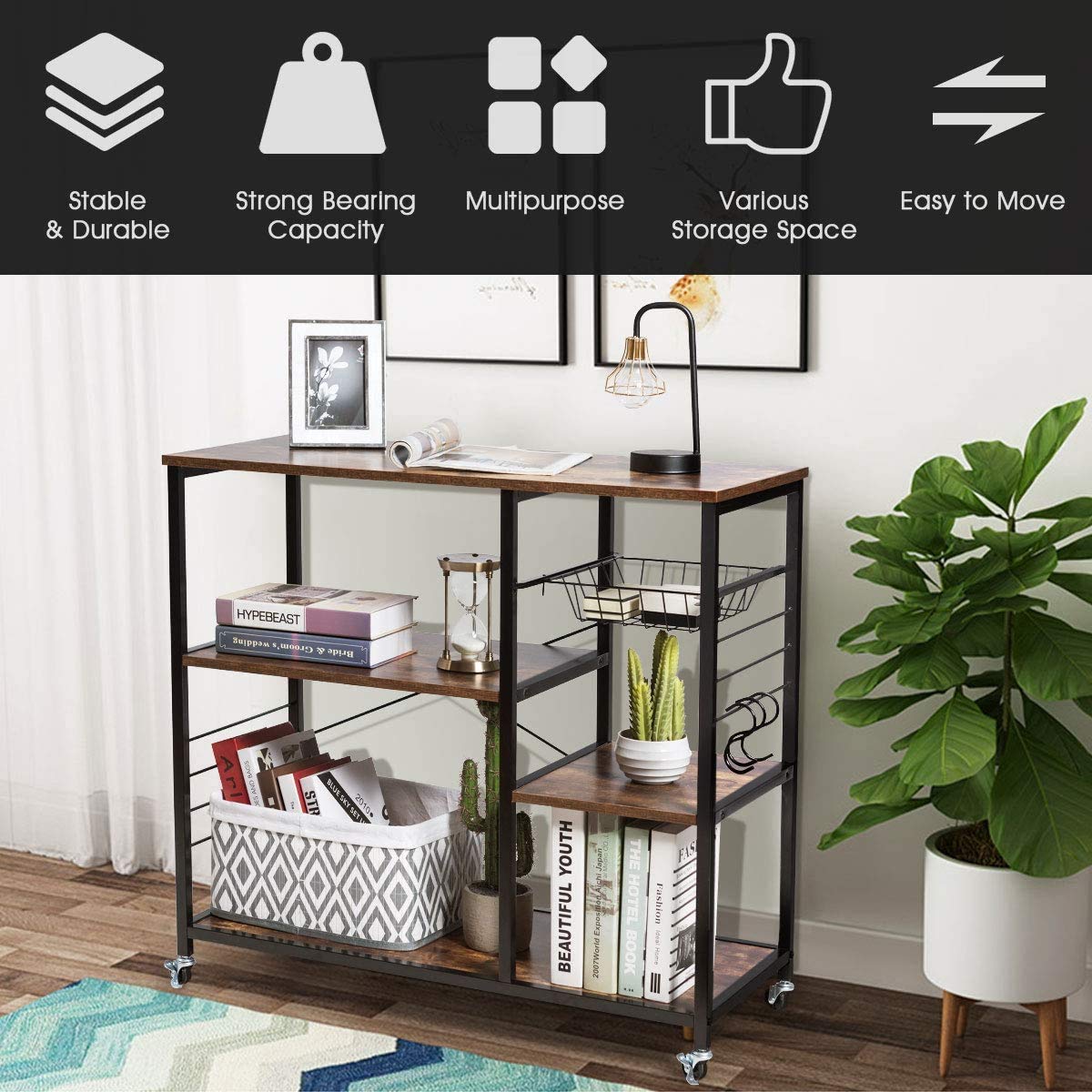 LDAILY Microwave Oven Stand with Lockable Wheels - Industrial Kitchen Baker's Rack, Utility Storage Shelf with Hooks & Basket - Sturdy Metal Frame, Easy Assembly (Brown) - Perfect for Small Kitchens, Apartments & Dorm Rooms