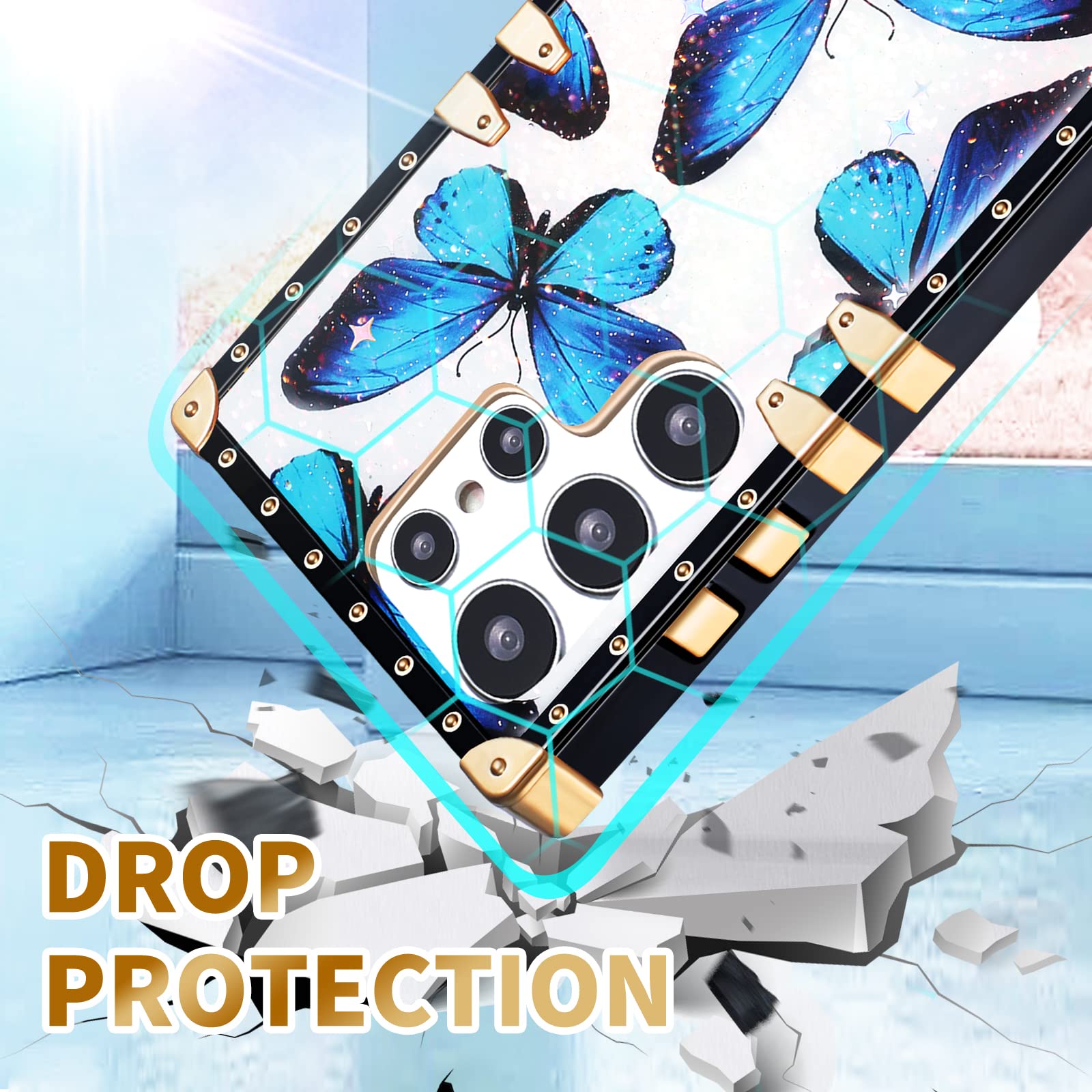 Luxury Butterfly Retro Phone Case for Samsung Galaxy S22 Ultra - Shockproof Protective Cover with Ring Stand & Lanyard, Glamorous Cute Edges Design for Women & Girls | Perfect for Work, Travel & Everyday Use