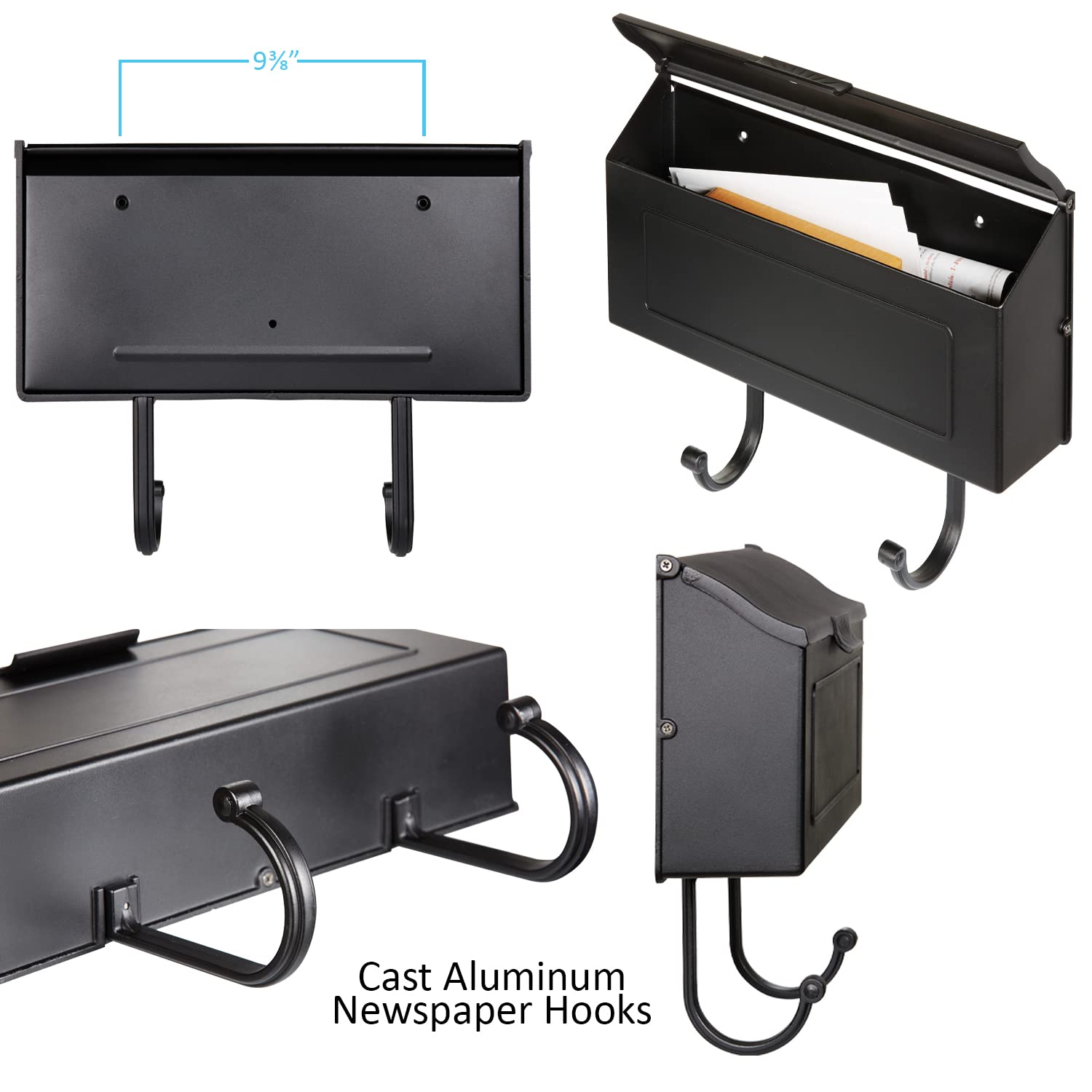 Heavy Duty Cast Aluminum Wall Mount Mailbox with Newspaper Hooks - Rustproof Coated Paint, 16” x 4.25” x 8.25” Horizontal Mailbox for House Porch - Easy to Install, Antique Copper Finish - Perfect for Home, Apartment, and Office Entryways