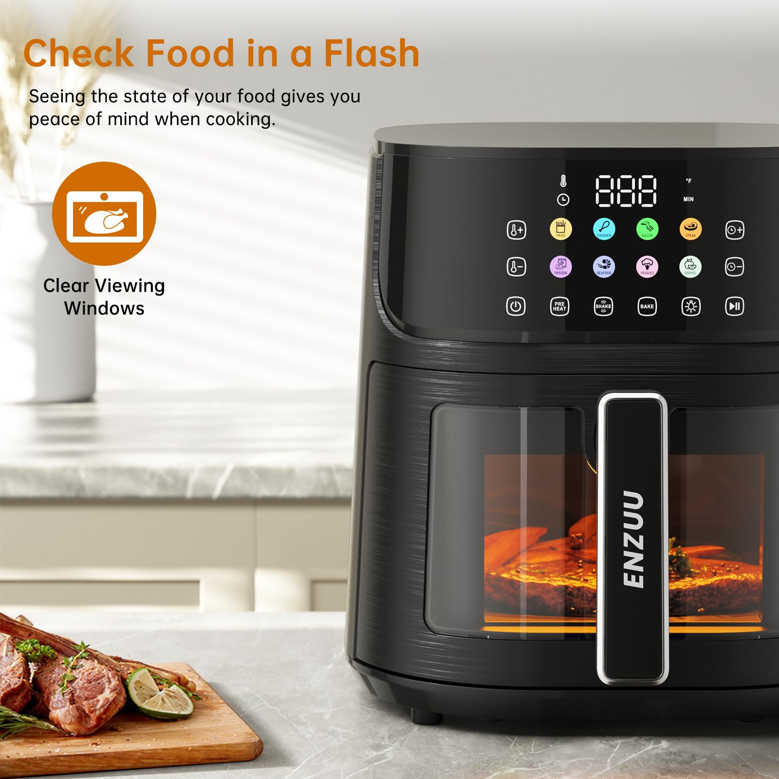 11-in-1 Large 5.8 QT Air Fryer with View Window - 450℉ Max Temperature for Crispy Food, 85% Less Oil - Fast Roast, Bake, Preheat & Shake Function - Non-Stick Basket for Easy Cleaning - Includes Recipe Book - Perfect for Family Dinners, Healthy Snacks & Quick Frozen Meals