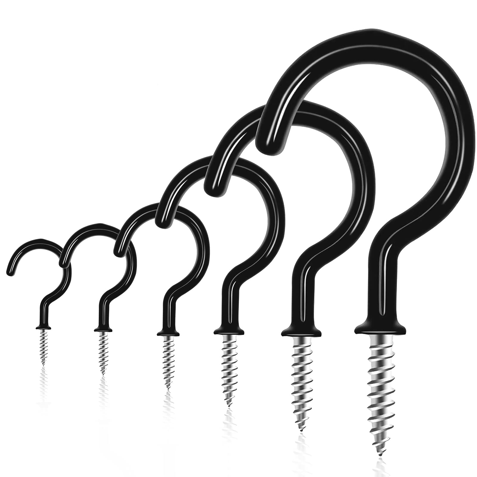 100-Pack Black Vinyl Coated Cup Hooks Kit - 6 Sizes Multipurpose Screw Hooks for Ceiling, Wind Chimes & Kitchen - Indoor/Outdoor Hanging Solution for Plants, Decor & Organization