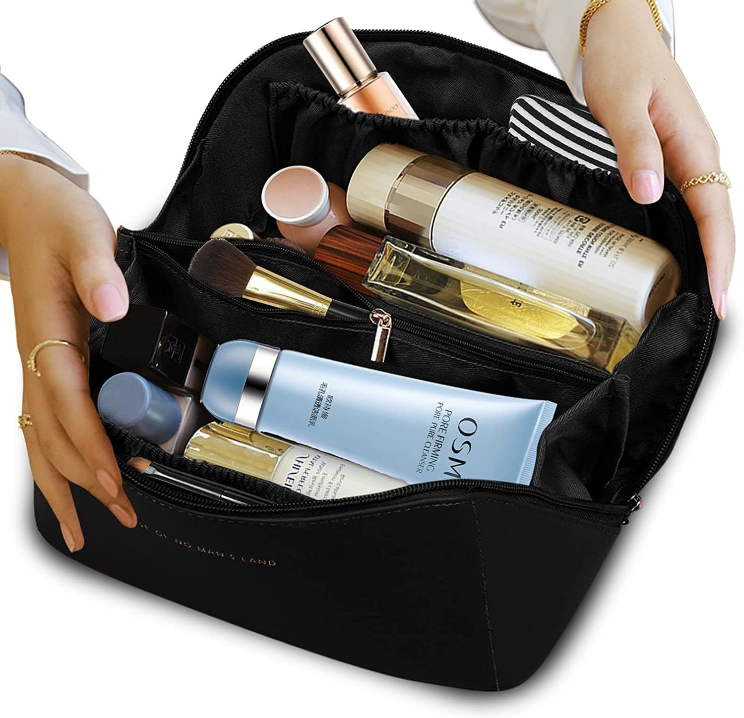 Premium PU Leather Handcuffs Cosmetic Bag - Large Waterproof Makeup Organizer with Zipper for Travel & Toiletry Storage | Stylish Black Makeup Pouch for Women | Perfect for Gym, Vacation & Daily Use