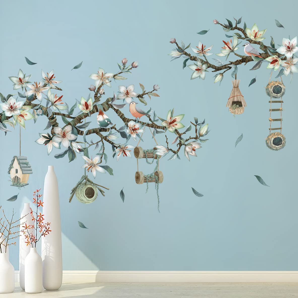 3D Magnolia Branch Wall Decals - DIY Removable Wall Stickers with Birdhouse & Flowers, Rustic Home Decor for Bedroom, Living Room, Nursery, Kitchen | Perfect for Girls Room, Farmhouse & Boho Style Interior Design