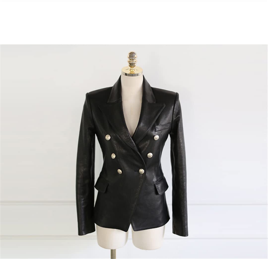 2022 Women's Black Faux Leather Biker Jacket with Buttons & Turn-Down Collar - Spring Autumn Basic Coat for Casual Outfits & Motorcycle Riding (Size M)
