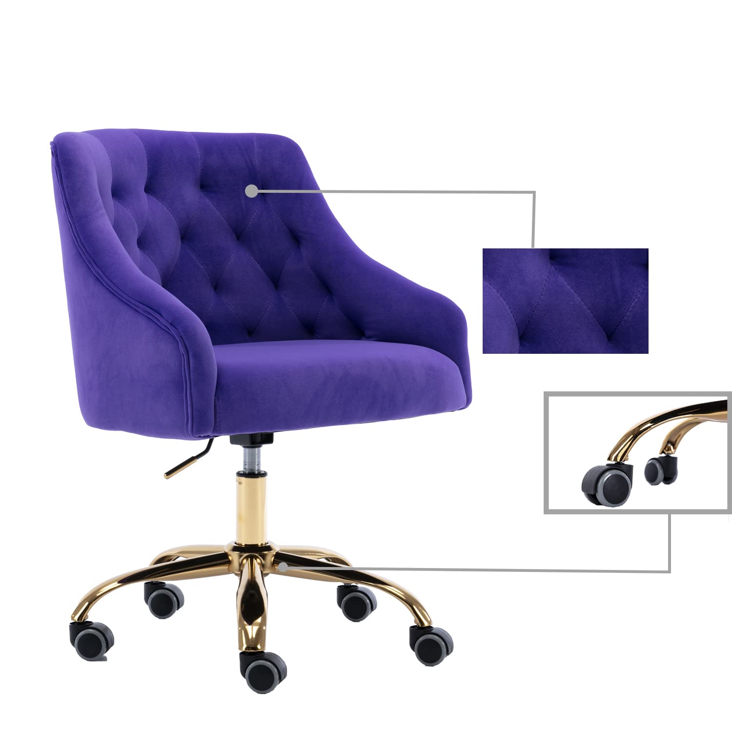 Ergonomic Velvet Swivel Office Chair with Wheels & Height Adjustment - Modern Home Desk Chair for Work, Study, Makeup Vanity - Perfect for Living Room, Bedroom & Home Office (Purple)