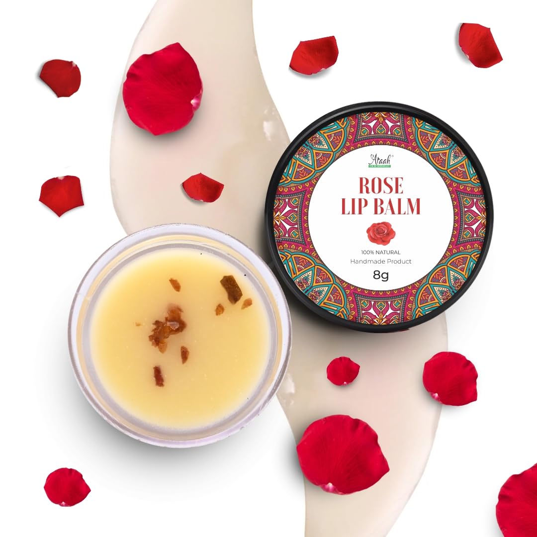 Araah Rose Lip Balm with Rose Petals, Rose Oil, Beeswax & Shea Butter – 100% Natural Moisturizing Lip Care for Dry, Chapped Lips – Softens & Smoothens – 8g – Perfect for Daily Hydration & Nighttime Lip Treatment