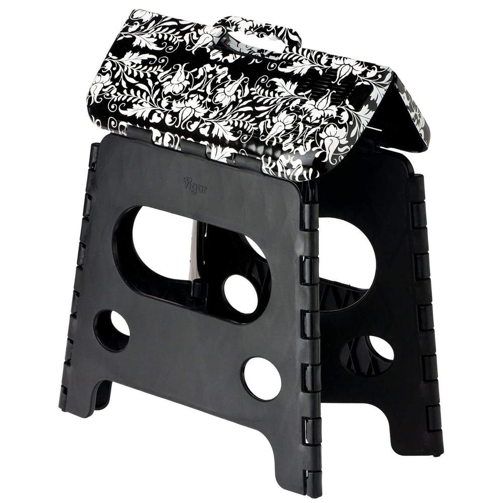 Vigar 32cm Compact Folding Step Stool - Lightweight & Sturdy Black Rococo Print Ladder - Perfect for Kitchen, Bathroom, Kids, and Elderly Use
