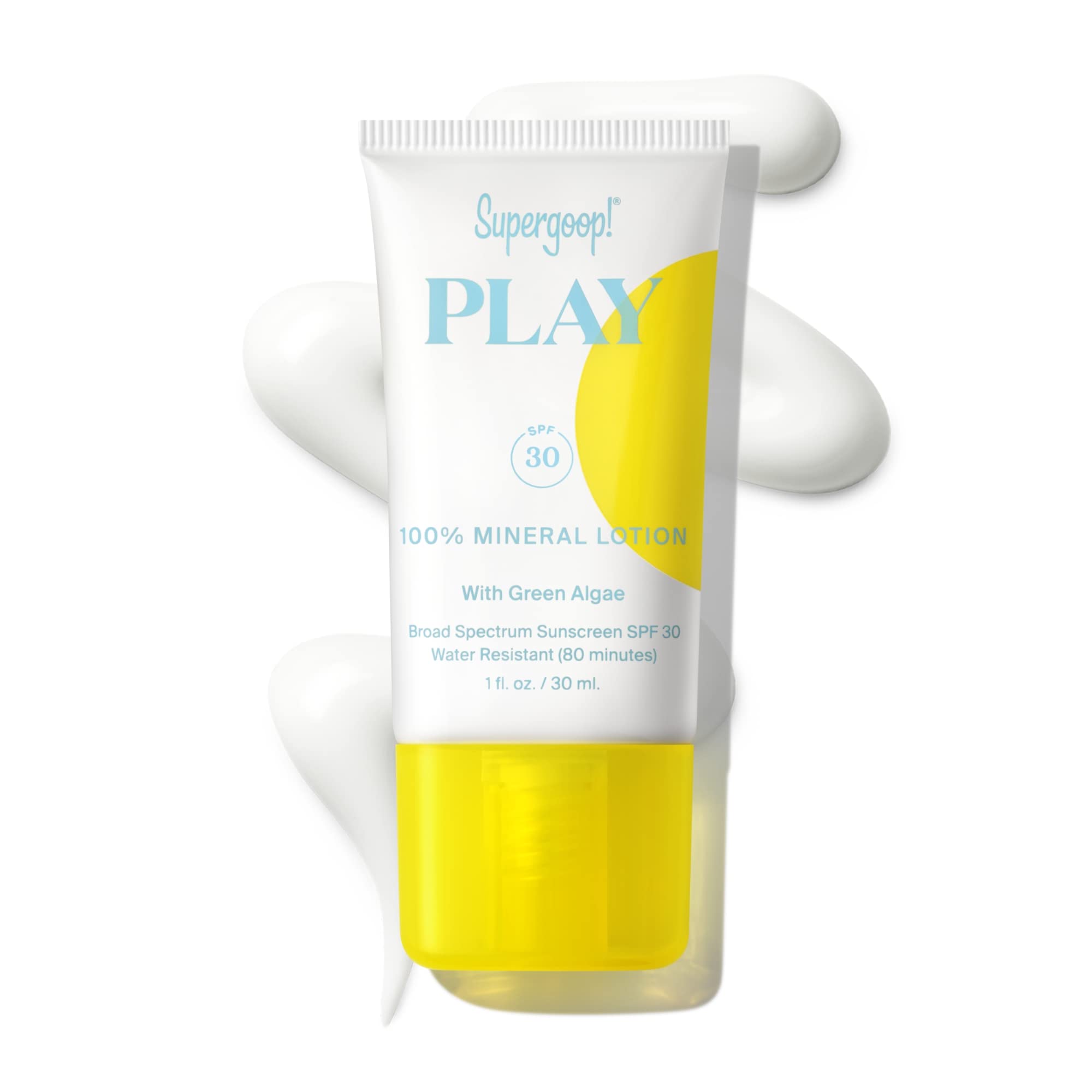 Supergoop! PLAY 100% Mineral Lotion SPF 30 - 1 fl oz Broad Spectrum Sunscreen for Face & Body - Lightweight, Fast Absorbing, Water-Resistant with Green Algae - Perfect for Outdoor Activities, Beach & Daily Sun Protection