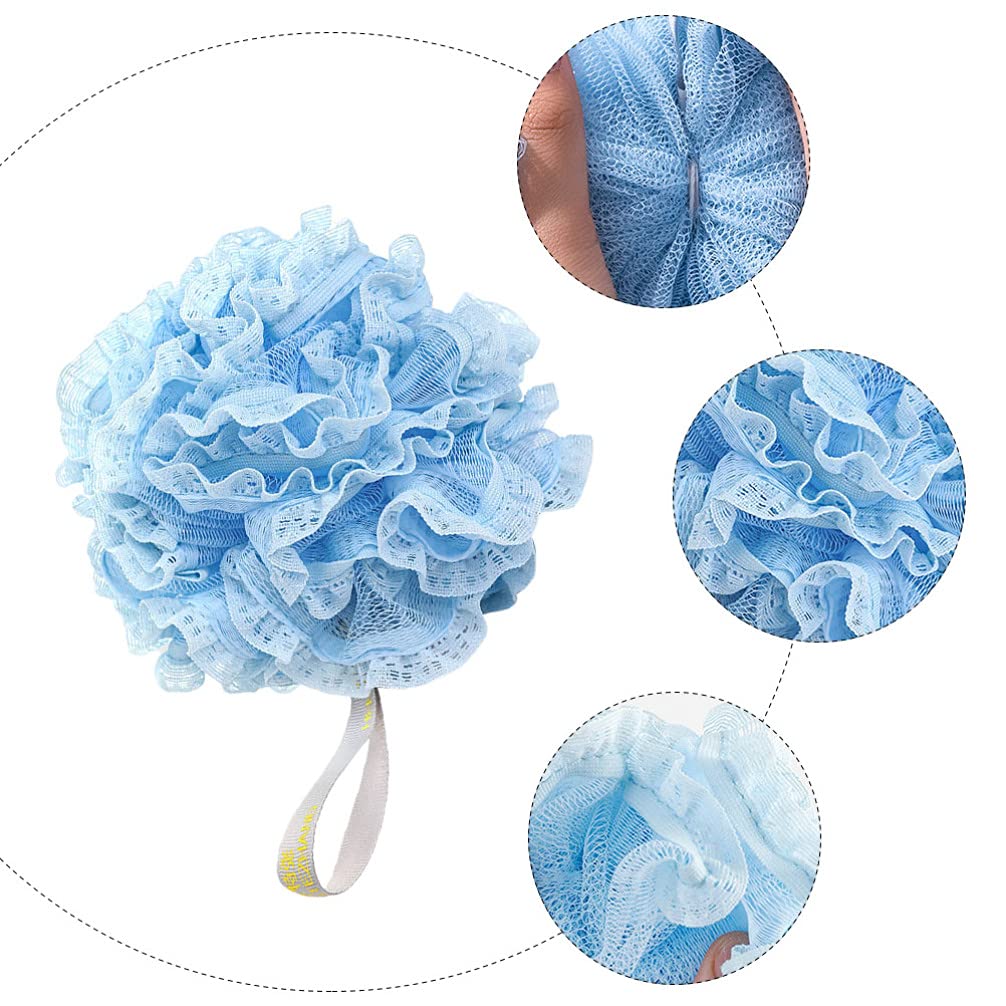 SOLUSTRE 3-Pack Soft Mesh Bath Sponges - Exfoliating Shower Pouf with Lace Design, Gentle Body Scrubber for Adults & Baby, Perfect for Daily Cleansing & Skin Care Routine (Blue/White/Pink) - Ideal for Sensitive Skin, Spa Days & Family Bath Time