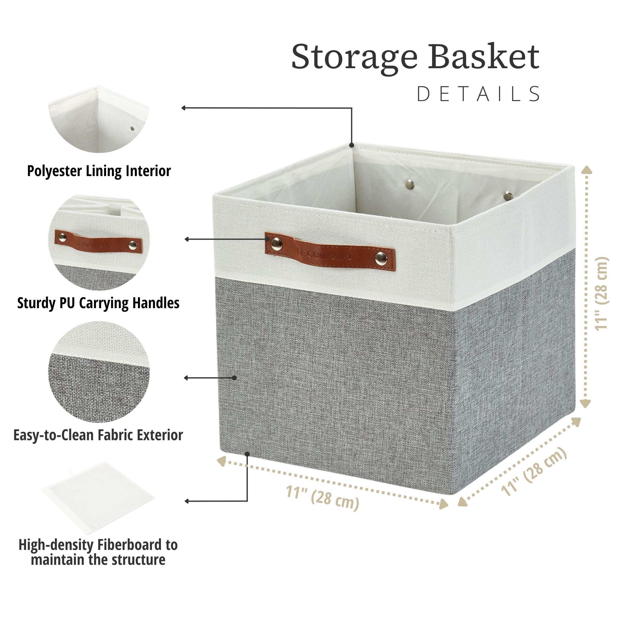DECOMOMO 11 Inch Fabric Storage Bins - Set of 4 Grey and White Cube Organizer Baskets for Shelves, Closet, Nursery & Home Organization | Perfect for Toys, Books, Blankets & More