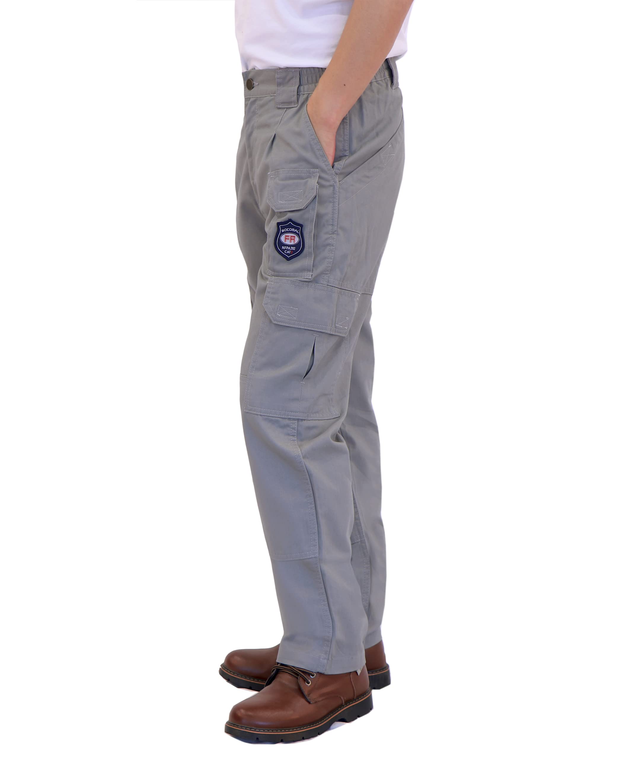 BOCOMAL Men's Flame Resistant Cargo Work Pants - Double Front, Multi-Pockets, Elastic Waist - FR Rated Safety Pants for Construction, Welding & Industrial Work