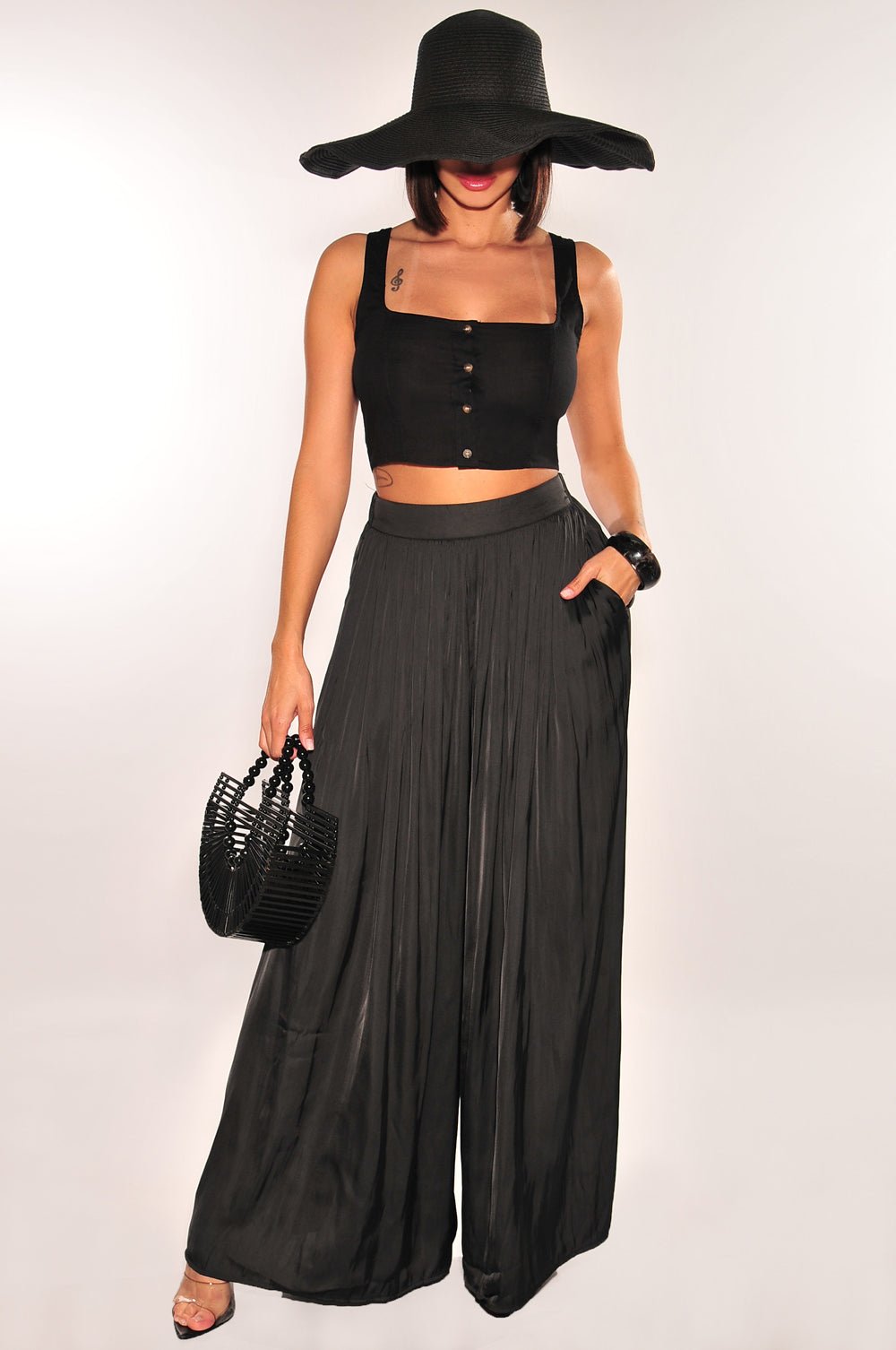 Black Silky High Waist Pleated Palazzo Pants for Women - Comfortable Wide Leg Trousers for Office, Travel & Casual Wear