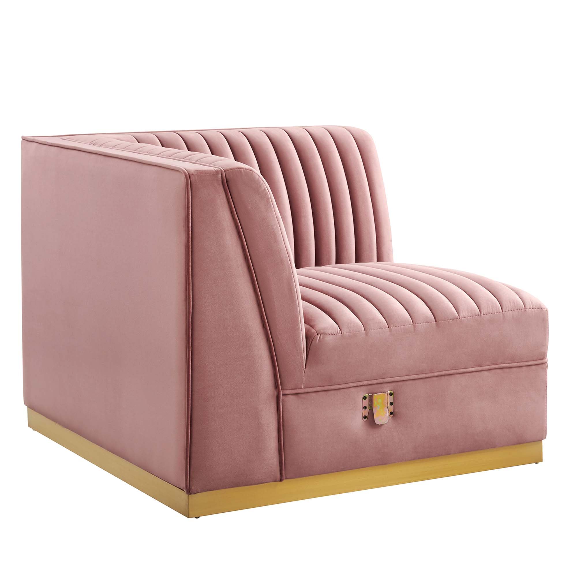Modway Sanguine Channel Tufted Performance Velvet Modular Sectional Sofa with Ottoman - Left Corner Chaise Lounge in Dusty Rose | Modern Living Room Furniture for Small Spaces & Apartments