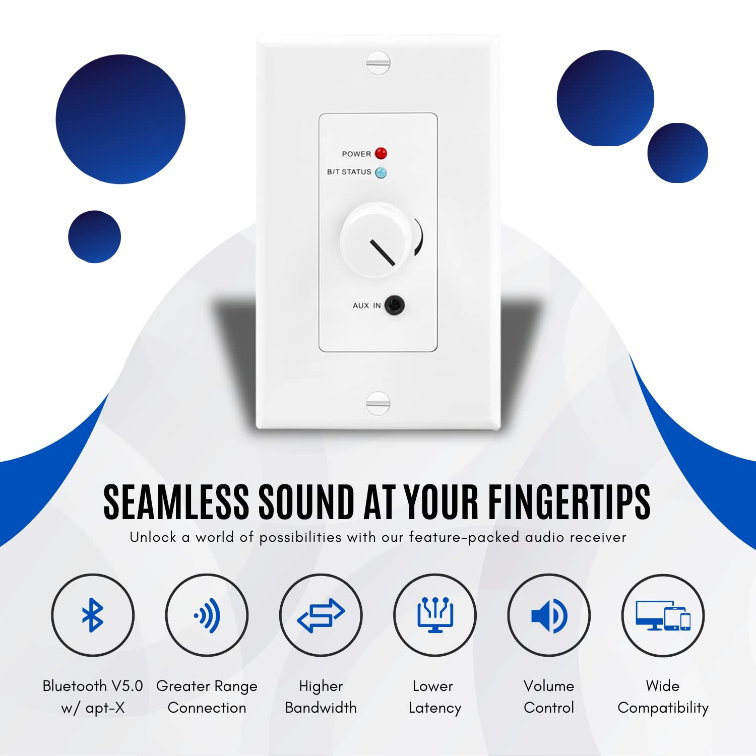 TNP Wireless Bluetooth Audio Receiver Wall Plate Mount - 120W BT 5.0 aptX Hi-Fi Stereo Amplifier with Volume Control & 3.5mm AUX Input for Home Theater, Multi-Room Audio & Speaker Systems - Perfect for Living Room, Bedroom & Office Music Streaming