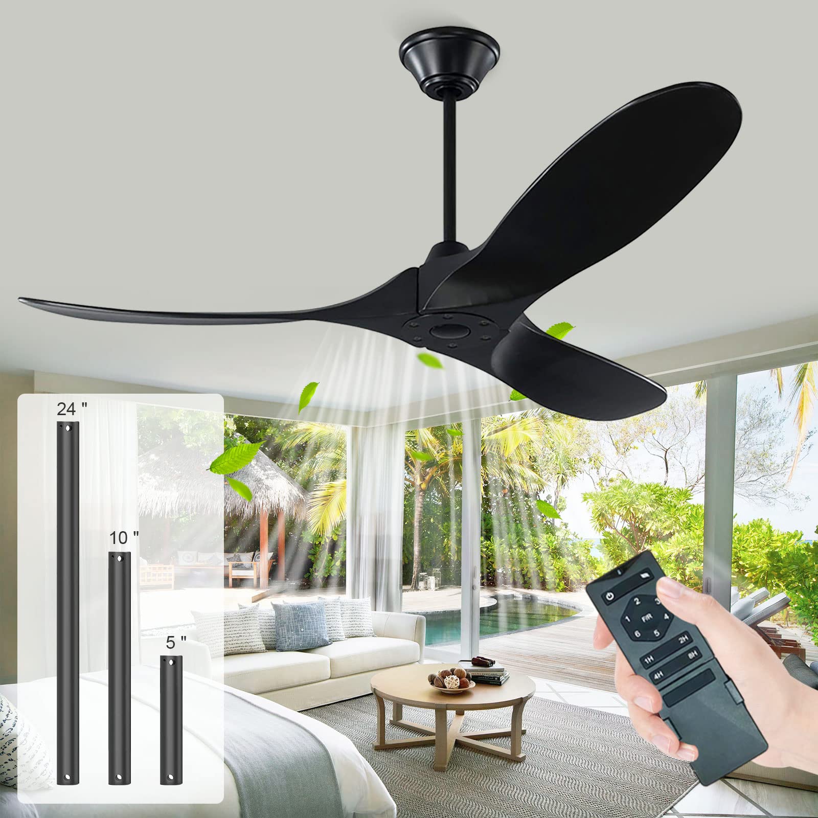 60 Inch Black Ceiling Fan No Light - High Airflow Outdoor Ceiling Fan with Remote Control - Modern 3-Blade Wood Ceiling Fan for Patio, Gazebo, Indoor & Sloped Ceiling Use - Perfect for Living Room, Bedroom, Porch & Covered Outdoor Spaces