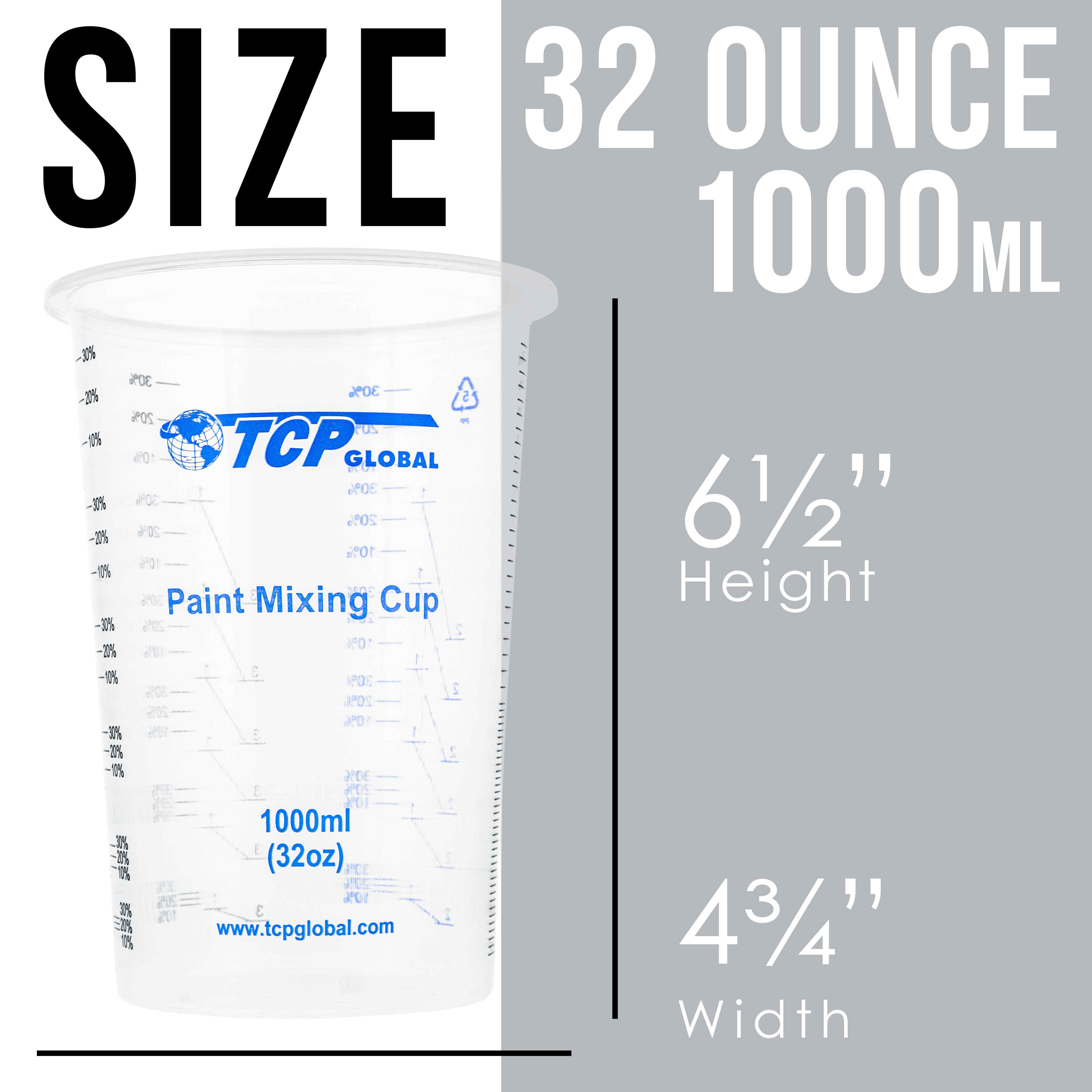 TCP Global 32oz (1000ml) Disposable Plastic Mixing Cups - Clear Graduated Measuring Cups for Paint, Resin, Epoxy, Art & Kitchen Use - Pack of 25 - Perfect for DIY Projects, Baking & Crafting