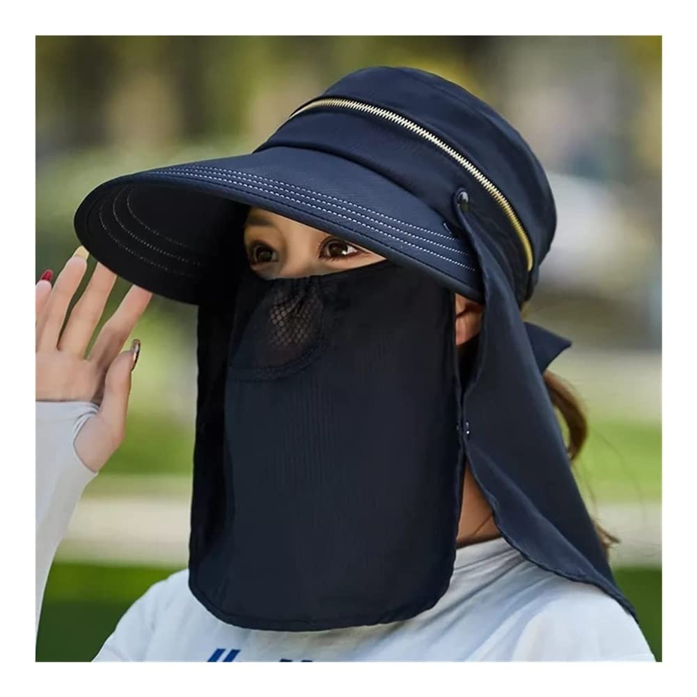 YIWANGO Women's Outdoor Cycling Sun Hat - Foldable Wide Brim UPF 50+ Sun Protection with Removable Face Mask, Adjustable Chin Strap (Black, Size 6 7/8-7 1/8) for Hiking, Beach, Gardening & Summer Activities