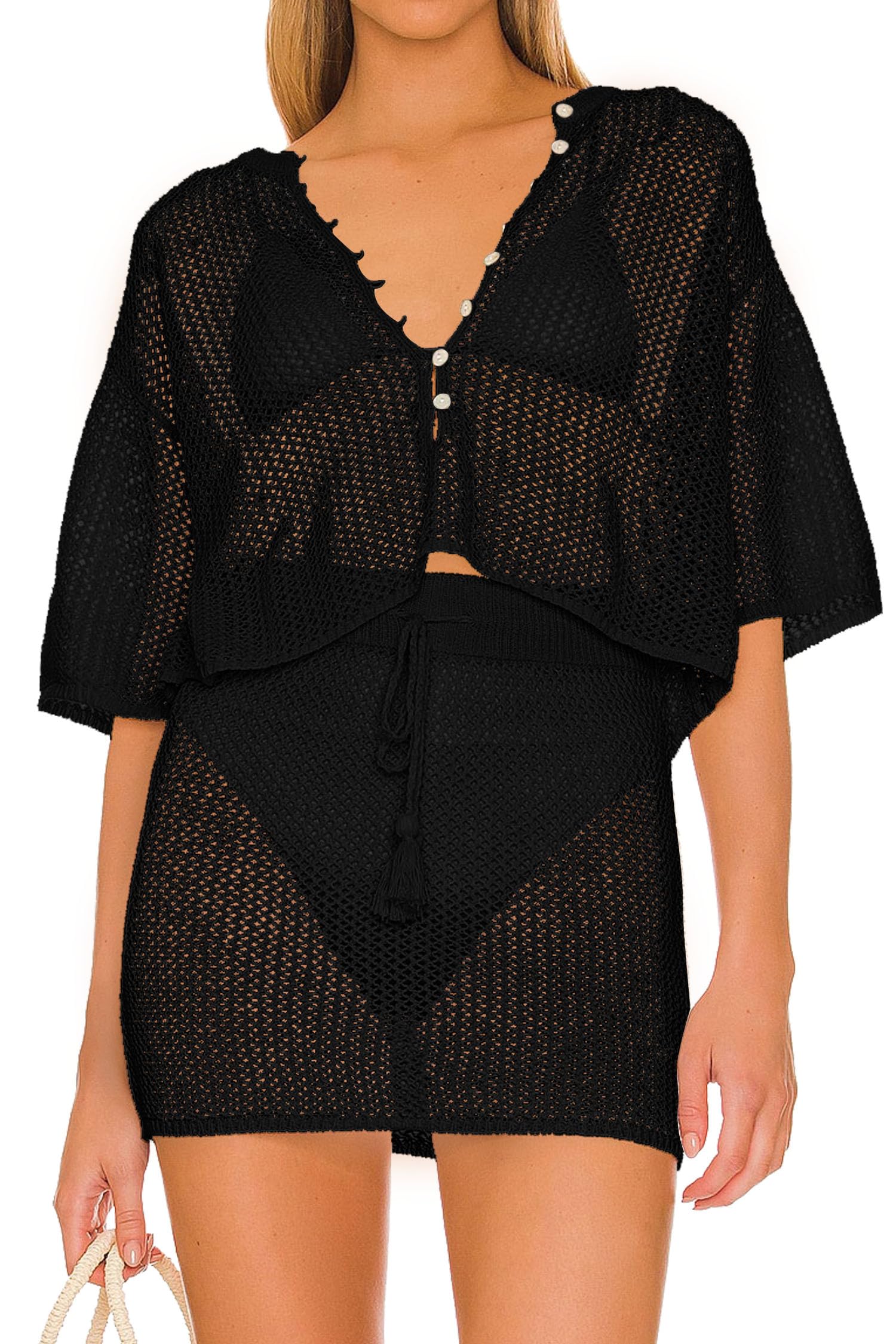 Jumppmile Women's 2 Piece Swimsuit Cover Up - Crochet Hollow Out Knitted Beach Bikini Cover Up Set for Summer Vacation, Pool Party & Tropical Getaway