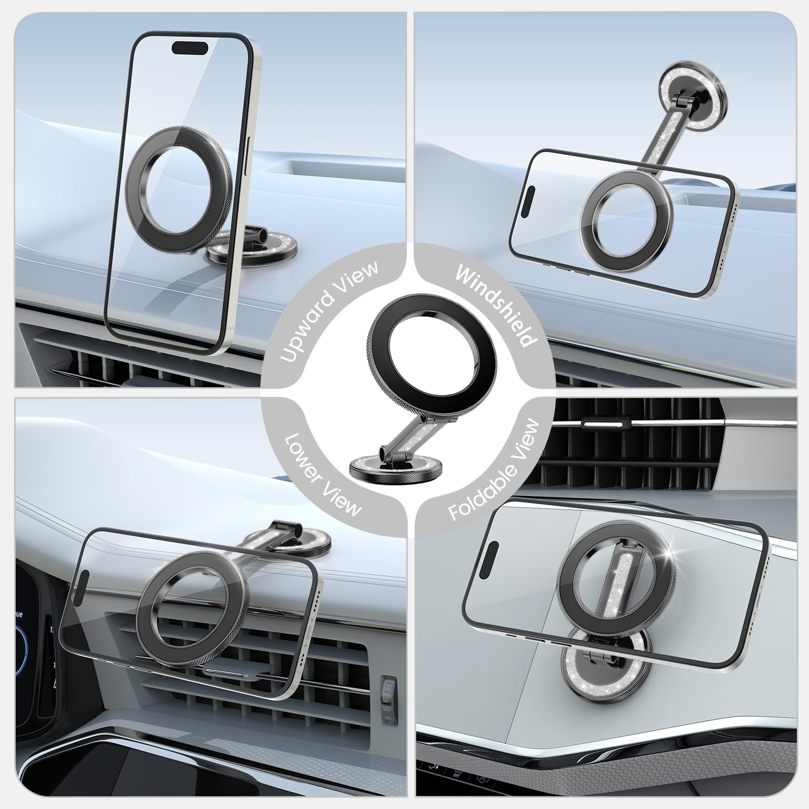 Premium MagSafe Car Mount - Strong Magnetic Phone Holder for Dashboard & Tesla Screen | Aluminum Alloy Design (Glitter Black) | Perfect for Hands-Free Driving & GPS Navigation