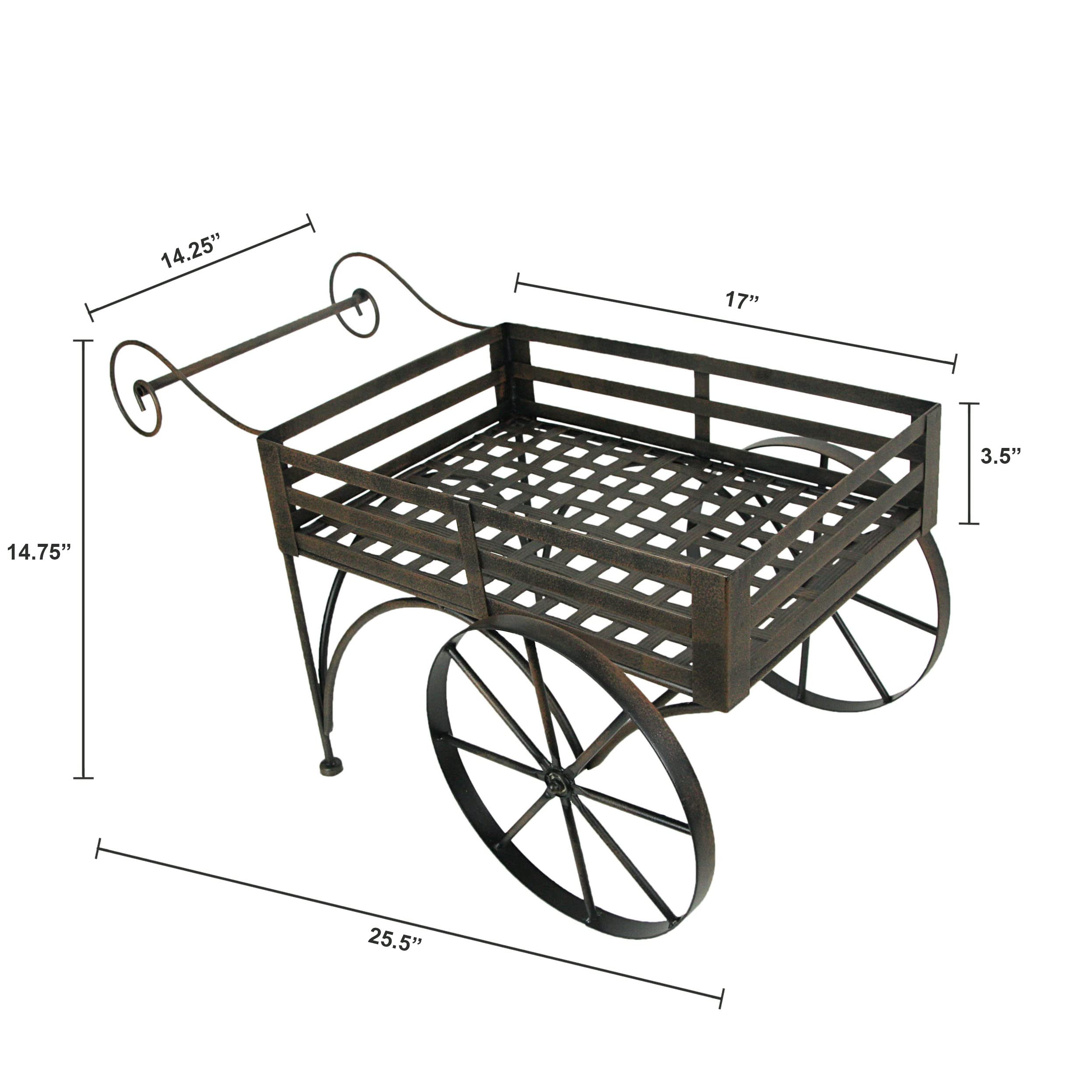 Rustic Brown Metal Wagon Cart Plant Stand - Indoor Outdoor Flower Pot Holder - Garden Decor for Patio, Balcony & Home - Perfect for Succulents, Herbs & Decorative Plants