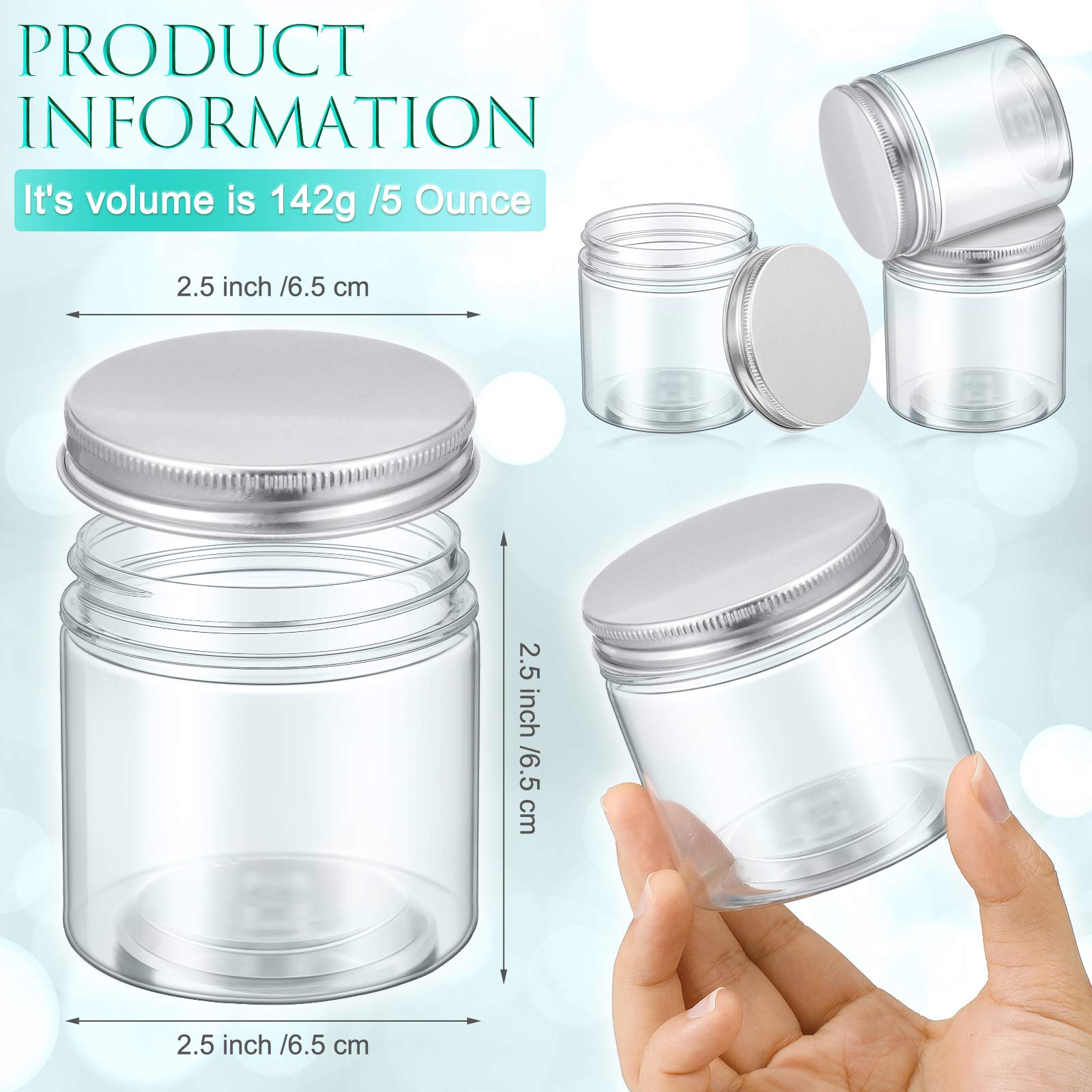 18-Piece Clear Plastic Jars with Silver Lids - 6.5x6.5x6.5cm Airtight Refillable Containers for Cosmetics, Food Storage, Spices & Kitchen Organization - Perfect for DIY Beauty Products, Travel Toiletries & Pantry Organization