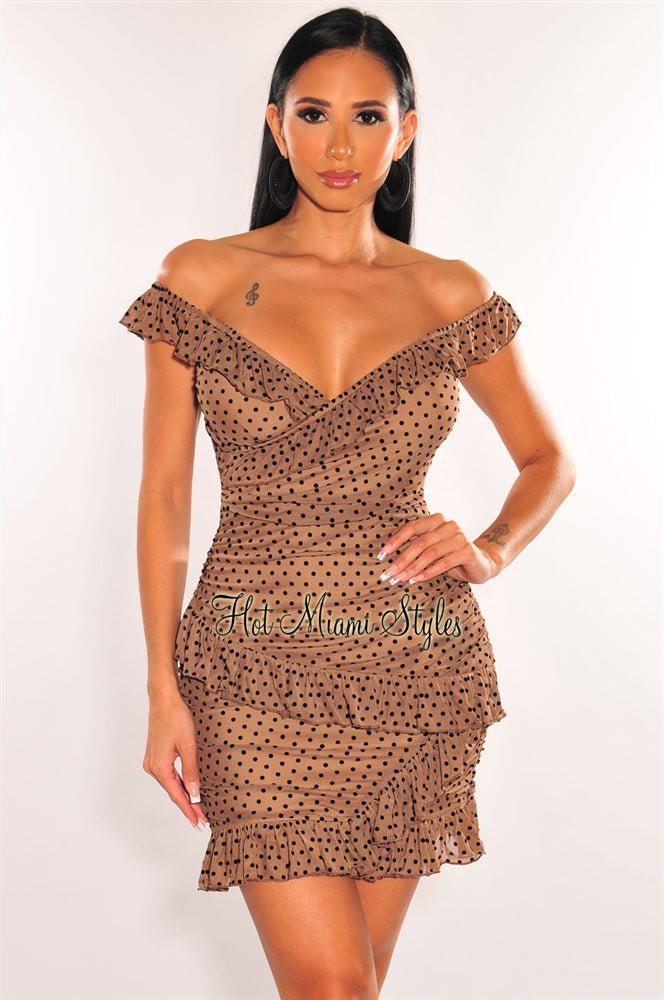 Toffee Mesh Nude Illusion Polka Dot Off Shoulder Ruffle Dress - Women's Elegant Party Gown for Evening Events, Date Nights & Special Occasions