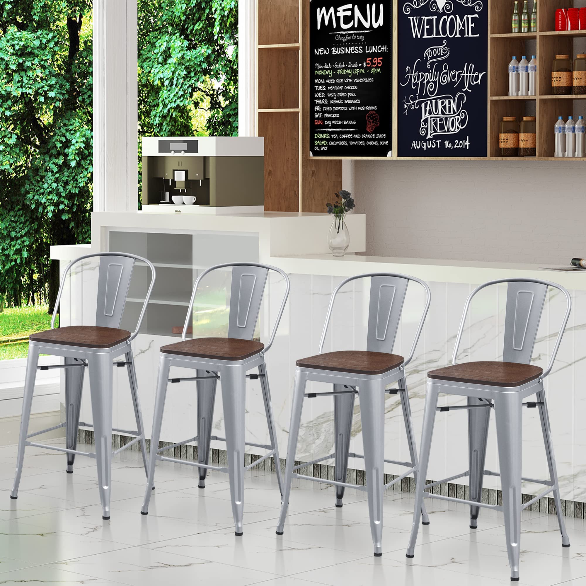 Counter Height Stool with Backs - Set of 4 Metal Bar Stools, 30 Inch High Back Dining Chairs for Kitchen & Bar - Silver | Perfect for Breakfast Nooks, Kitchen Islands & Home Bars