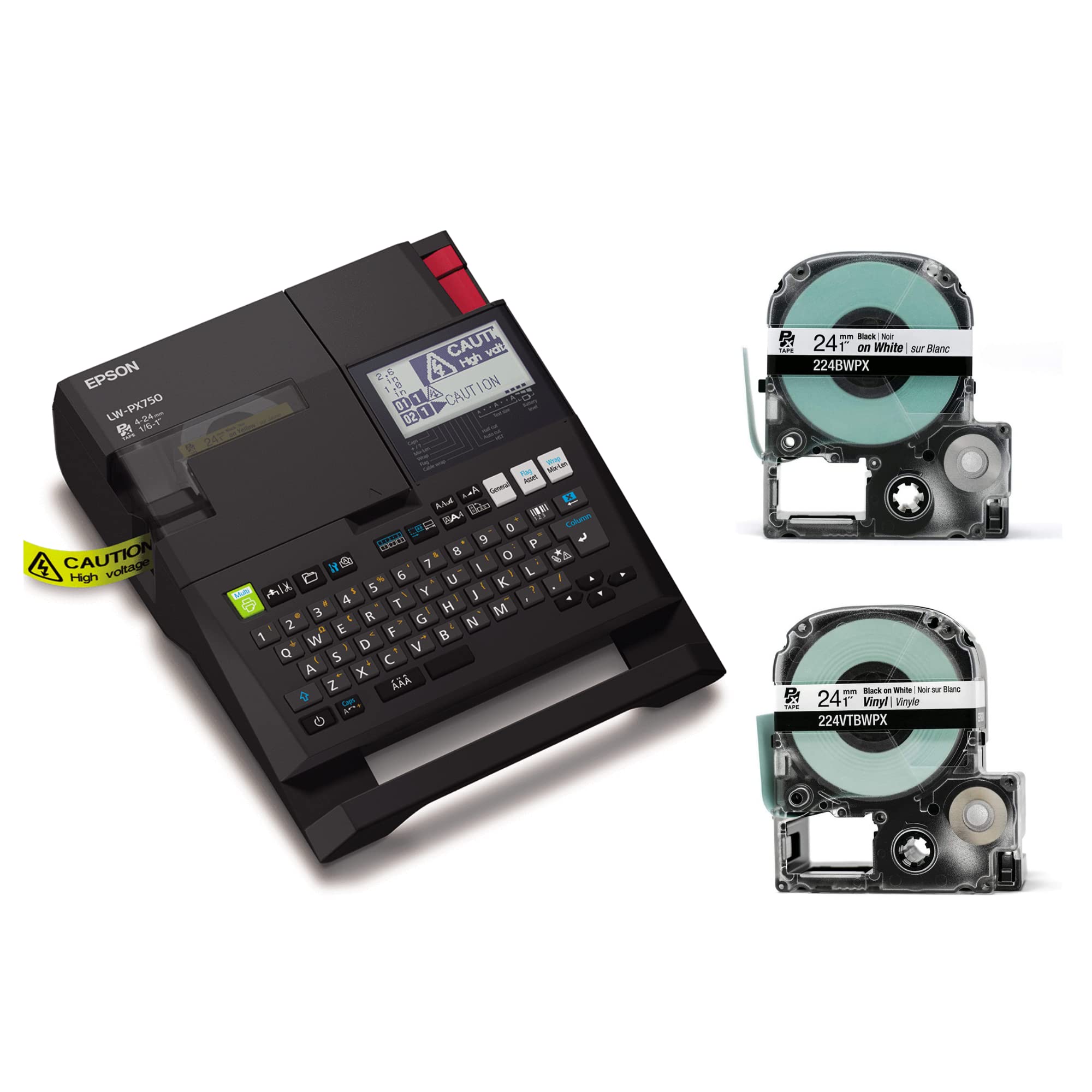 Epson LW-PX750 Industrial Label Maker Kit with Bonus Accessories & 224BWPX/224VTBWPX Tape Cartridges - Perfect for Warehouse, Office, and Industrial Labeling Needs