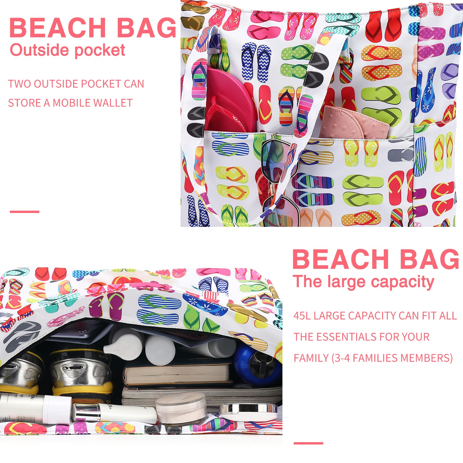 Waterproof Large Beach Tote Bag for Women - Sandproof Zippered Pool & Gym Bag with Wet Pocket - Perfect for Travel, Grocery Shopping & Beach Days