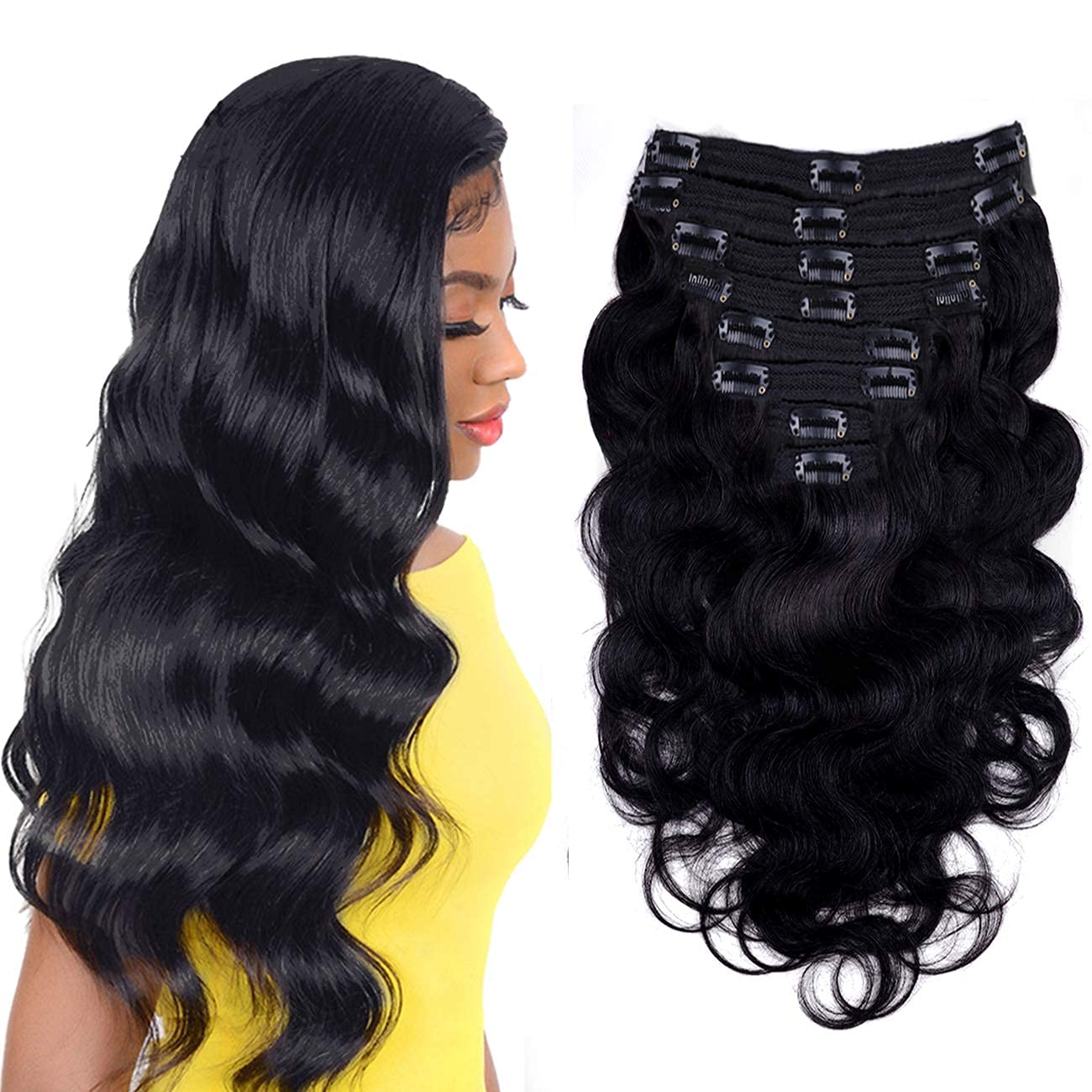 Body Wave Clip-In Hair Extensions for Black Women – 8-Piece Brazilian Virgin Human Hair Set (18 Inches, 120g) with 18 Clips – Natural Black Color for Full Head Styling – Perfect for Parties, Weddings & Everyday Volume Boost