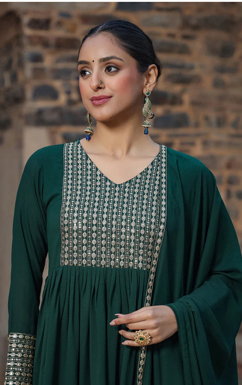Elegant Green Georgette Solid Anarkali Suit Set for Women - Traditional Indian Party Wear for Weddings, Festivals & Special Occasions
