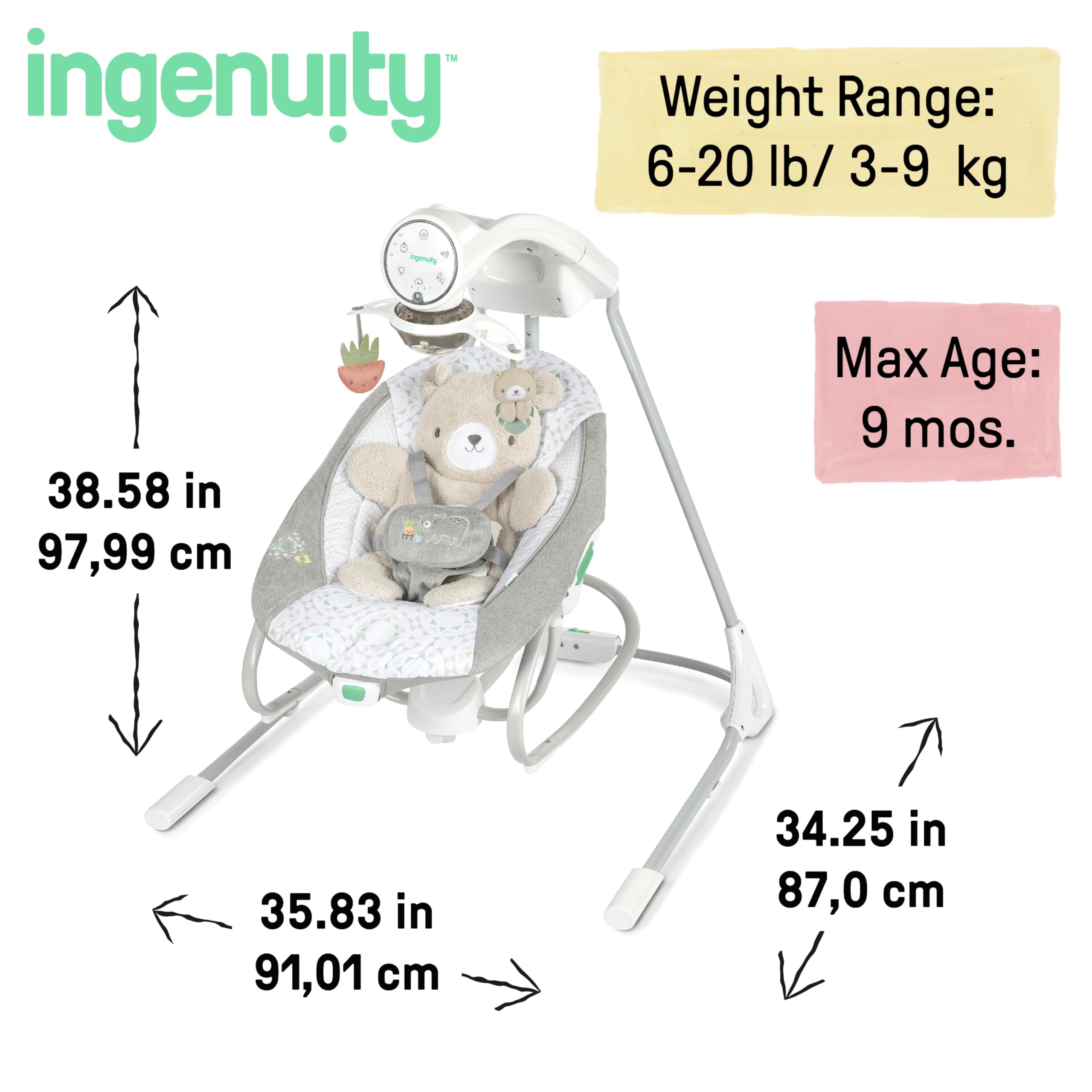 Ingenuity InLighten Soothing Swing & Rocker - Vibrating Baby Seat with Soothing Sounds & Lights for Newborns & Infants - Perfect for Nursery, Bedroom & Playtime (Nate)