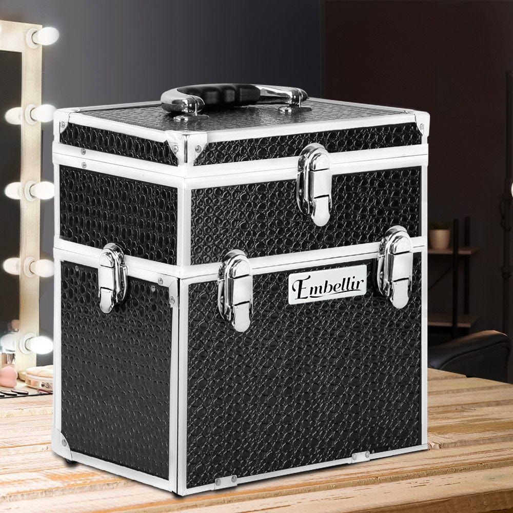 Embellir Portable Cosmetic Makeup Case with Mirror - Black Crocodile Design for Travel & Daily Use | Organize Your Beauty Essentials On-The-Go
