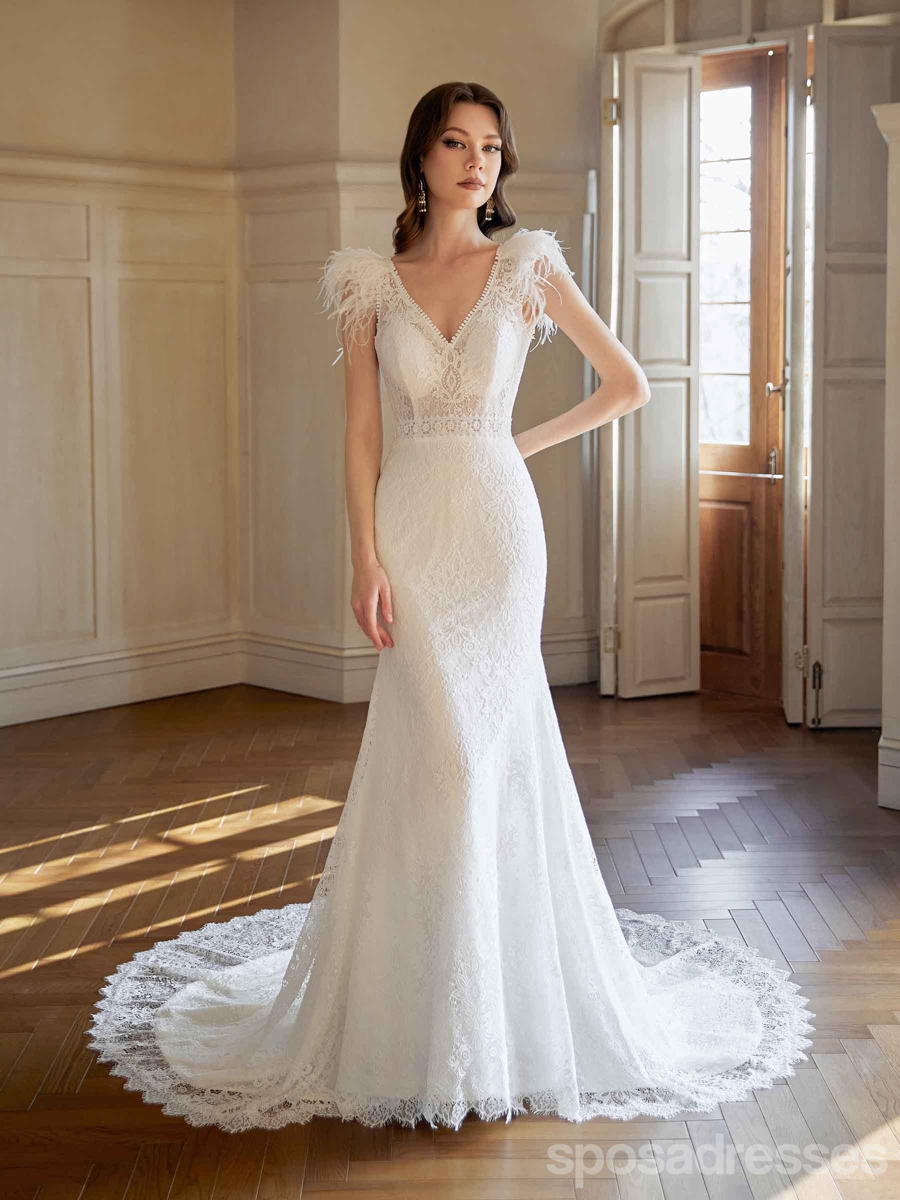 Elegant Mermaid Off-White V-Neck Long Lace Wedding Dress WD819 - Handmade Bridal Gown for Beach, Church & Formal Weddings